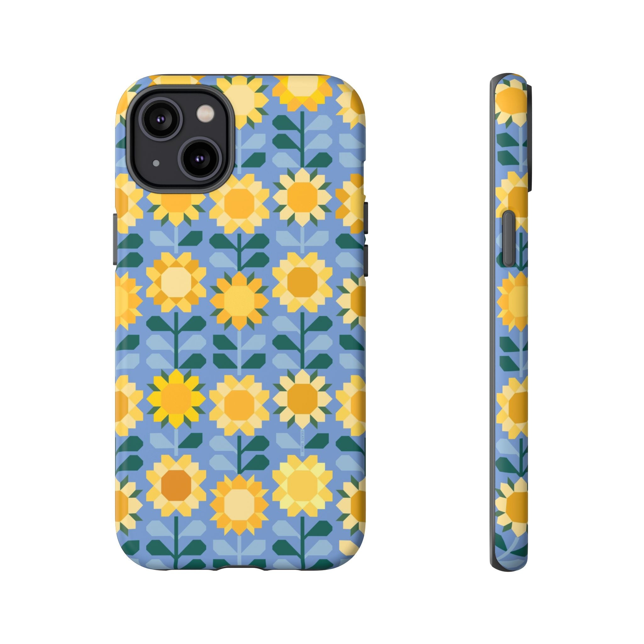 Sunflowers Tough iPhone 14 Plus Case – Matte | blue, yellow, gold geometric sunflower print