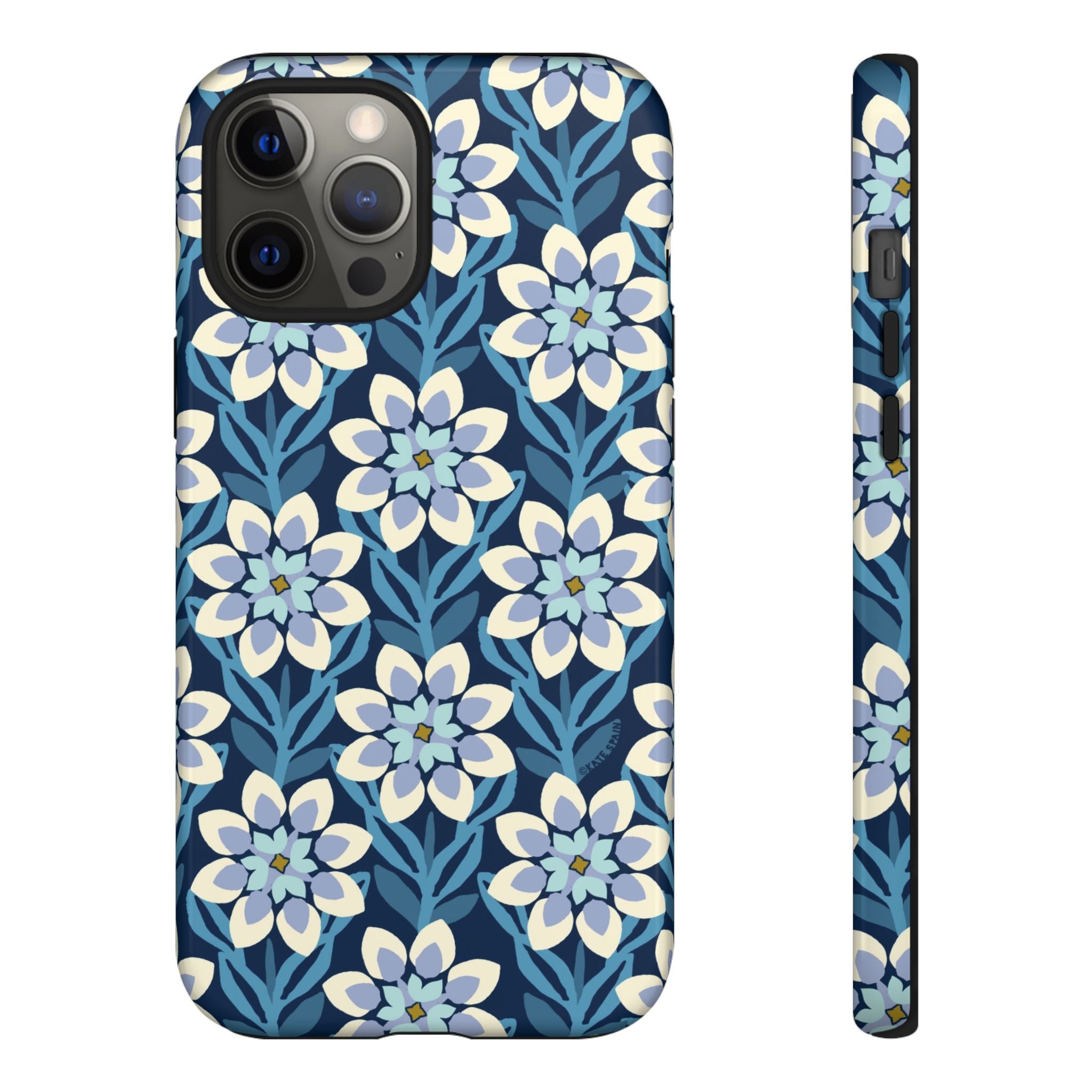 Designer Modern Dahlia Tough iPhone 12 Pro Max Case – Glossy | navy, cobalt, white dahlia floral print