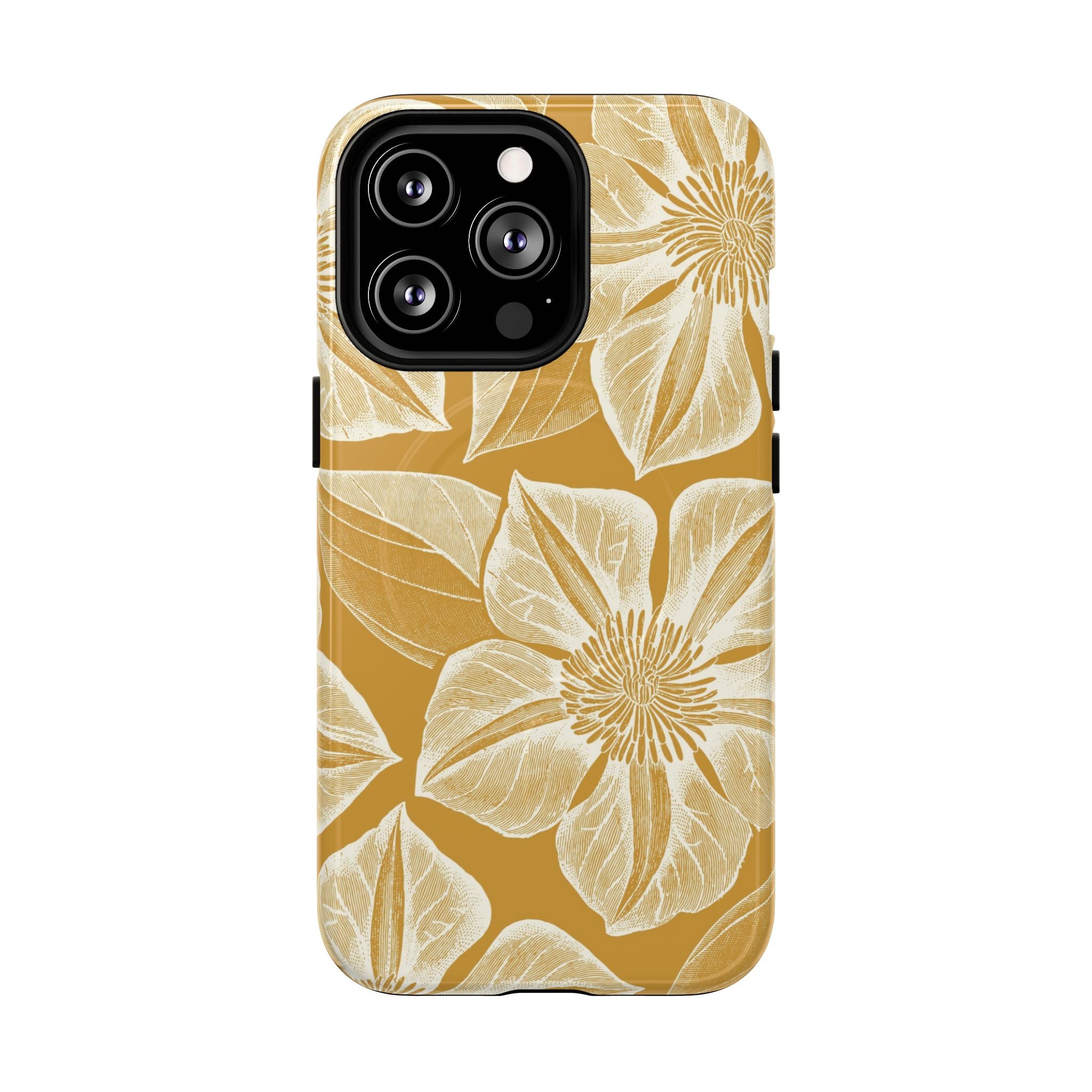 Vintage Bloom Gold MagSafe iPhone 13 Pro Case – Glossy | warm gold ground, large-scale cream clematis print, engraved petal detail, dual-layer protection