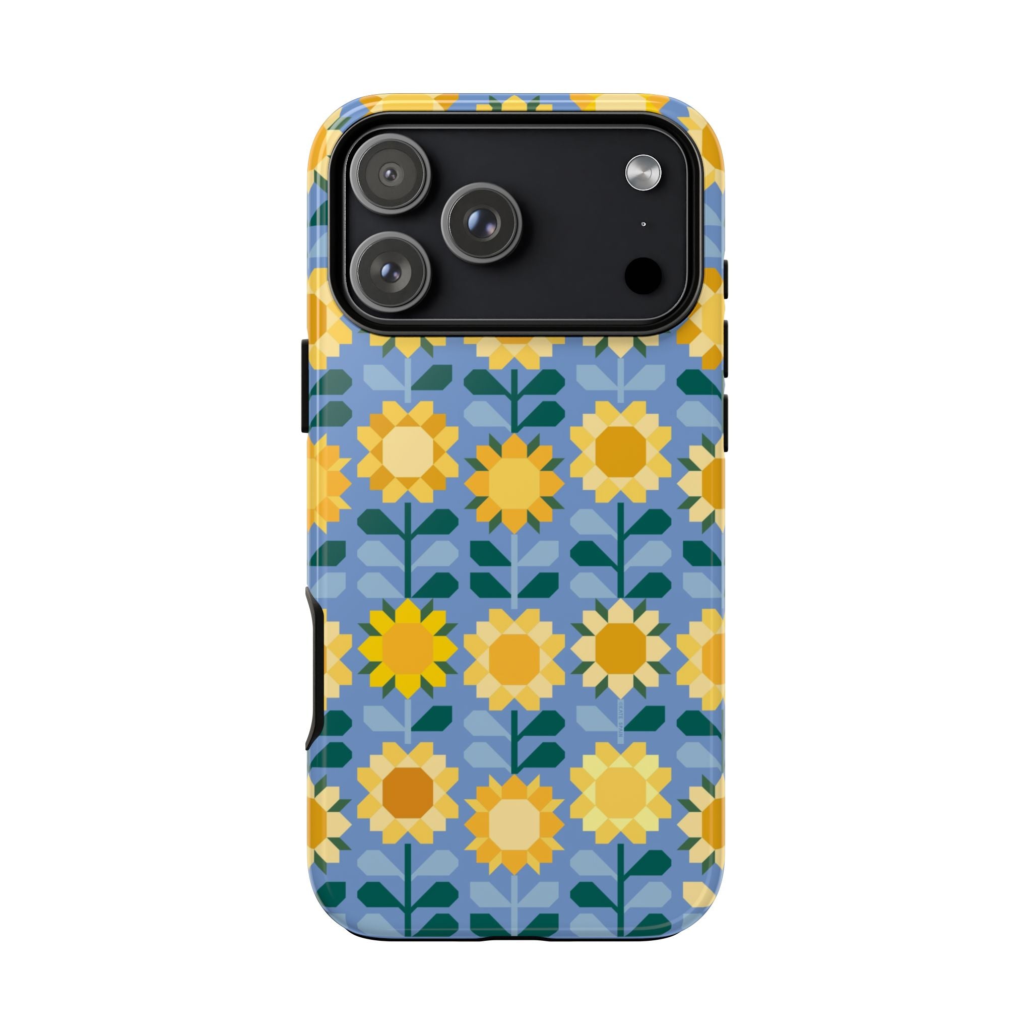 Sunflowers Tough iPhone 17 Pro Max Case – Glossy | blue, yellow, gold geometric sunflower print