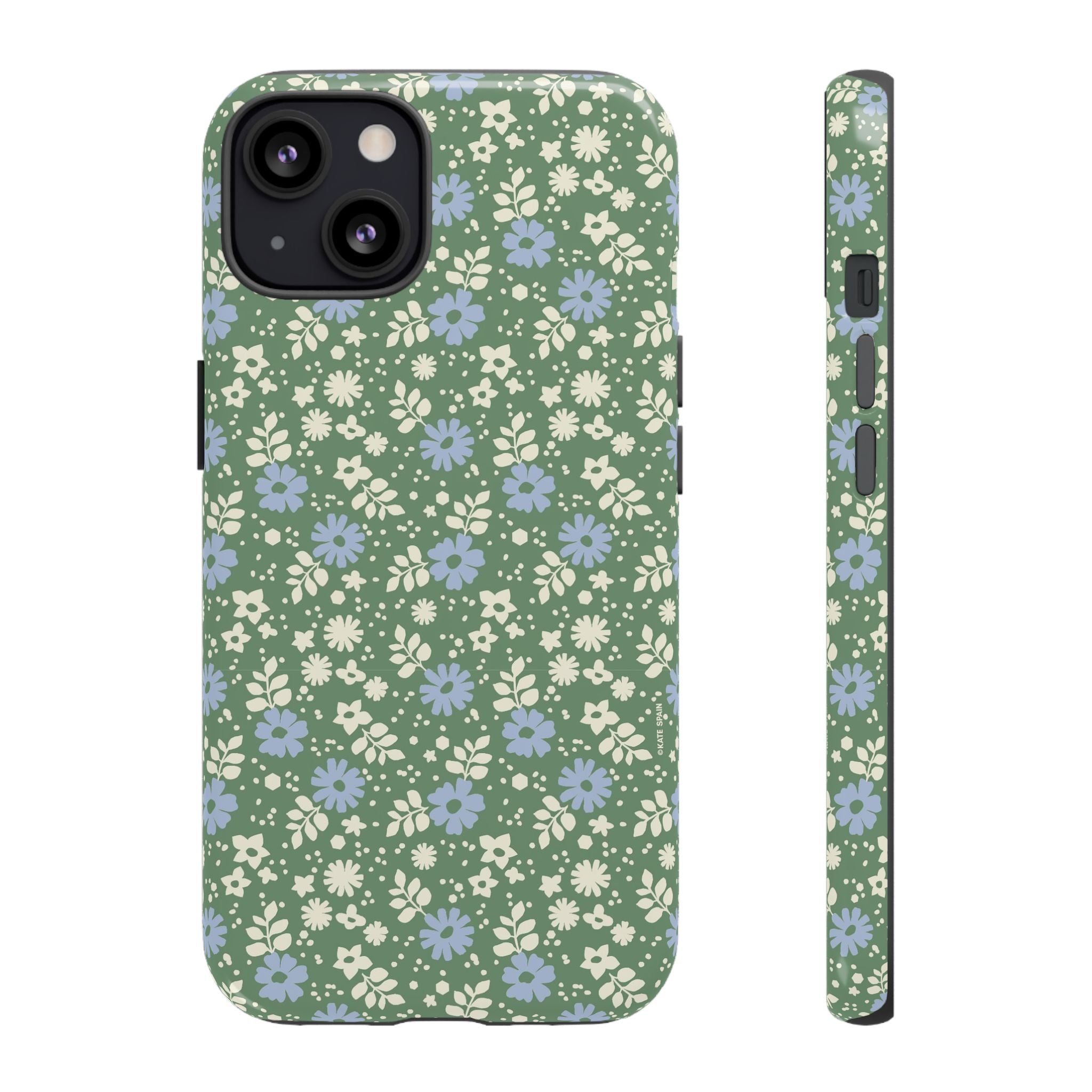 Petaline Tough iPhone 13 Case – Matte | green, blue, cream ditsy floral print