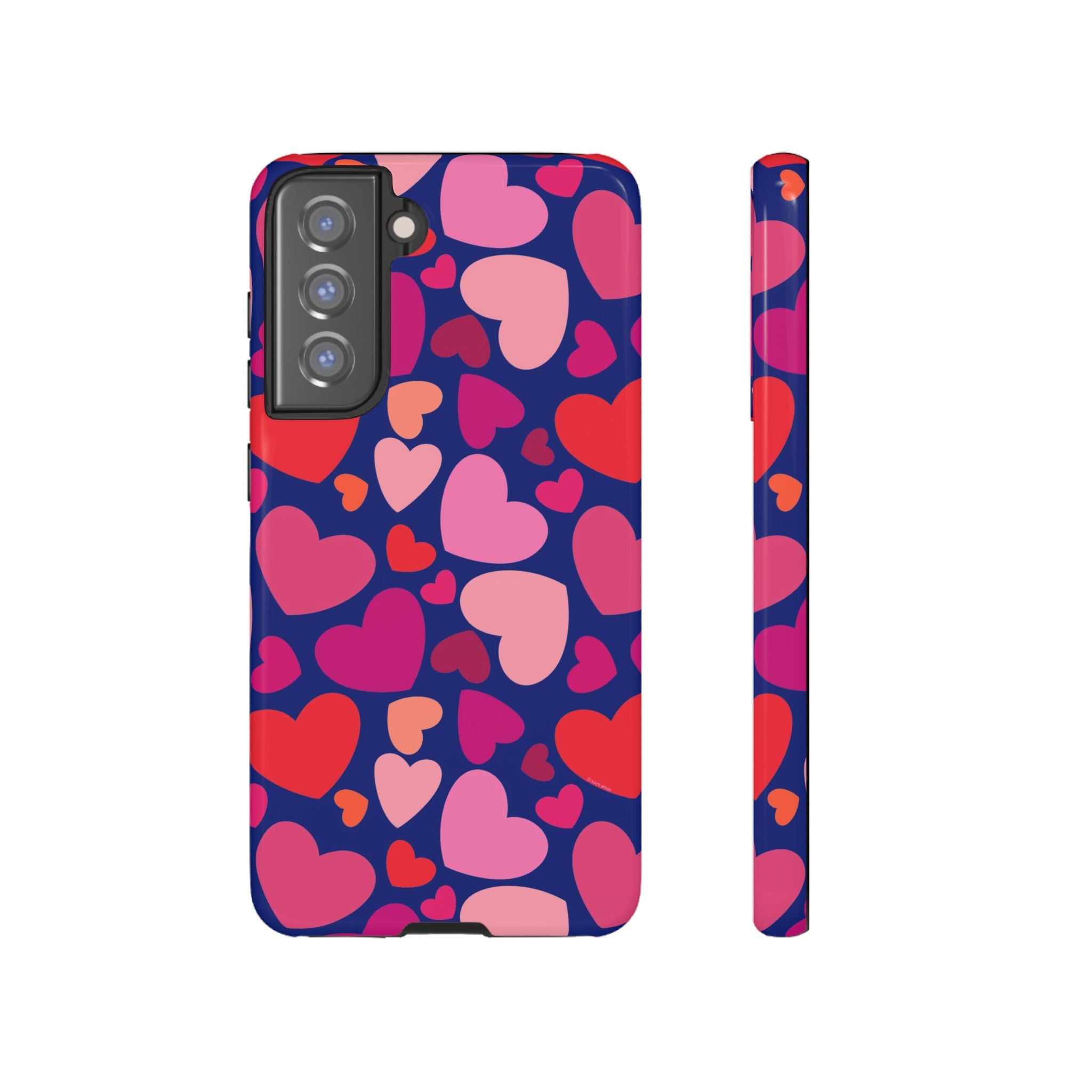 Hearts Samsung Galaxy S21 FE Case – Glossy | navy, pink, blush, red heart print