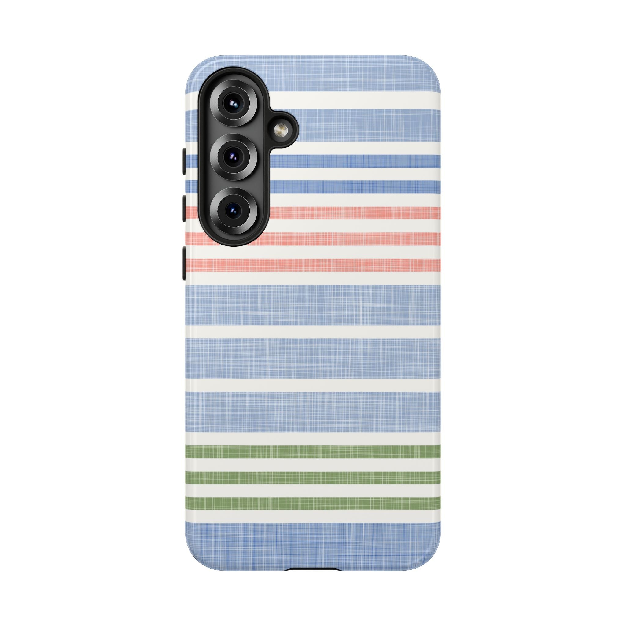 Cabana Stripe Pastel Samsung Galaxy S25 Plus Case – Glossy | soft blue, coral, sage green chambray-textured stripe print dual-layer protection