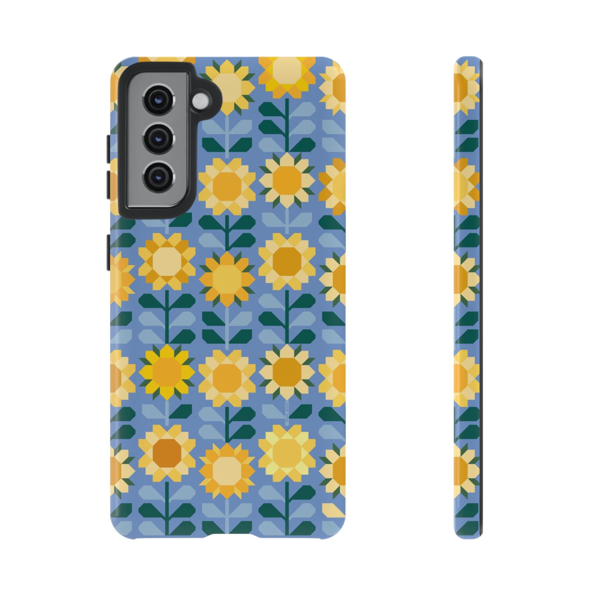 Luxury Sunflowers Samsung Galaxy S21 Case – Glossy | blue, yellow, gold geometric sunflower print