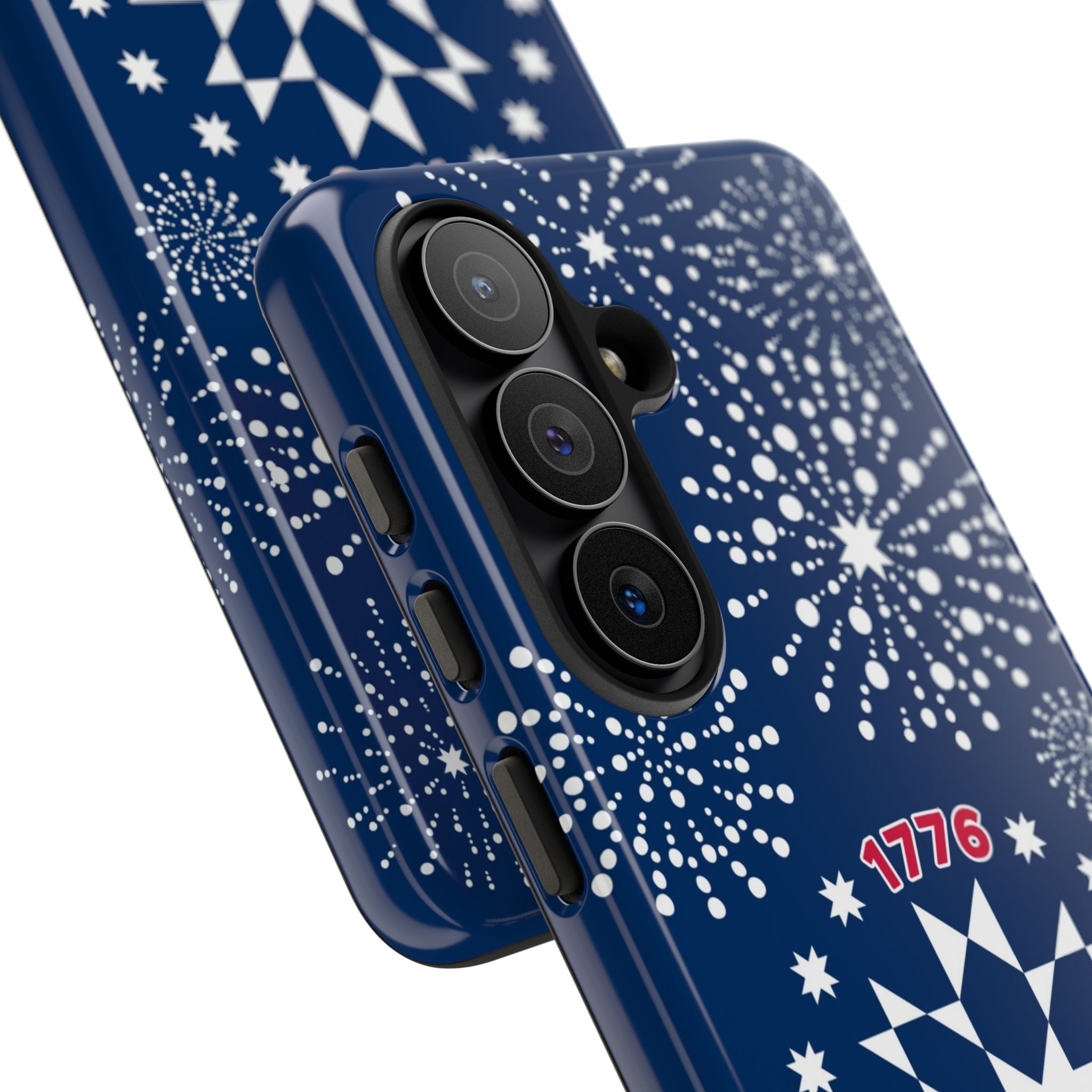 250th Fireworks Samsung Galaxy S26 Case – side view of buttons and camera cut-out in case in navy, white patriotic star quilt fireworks print