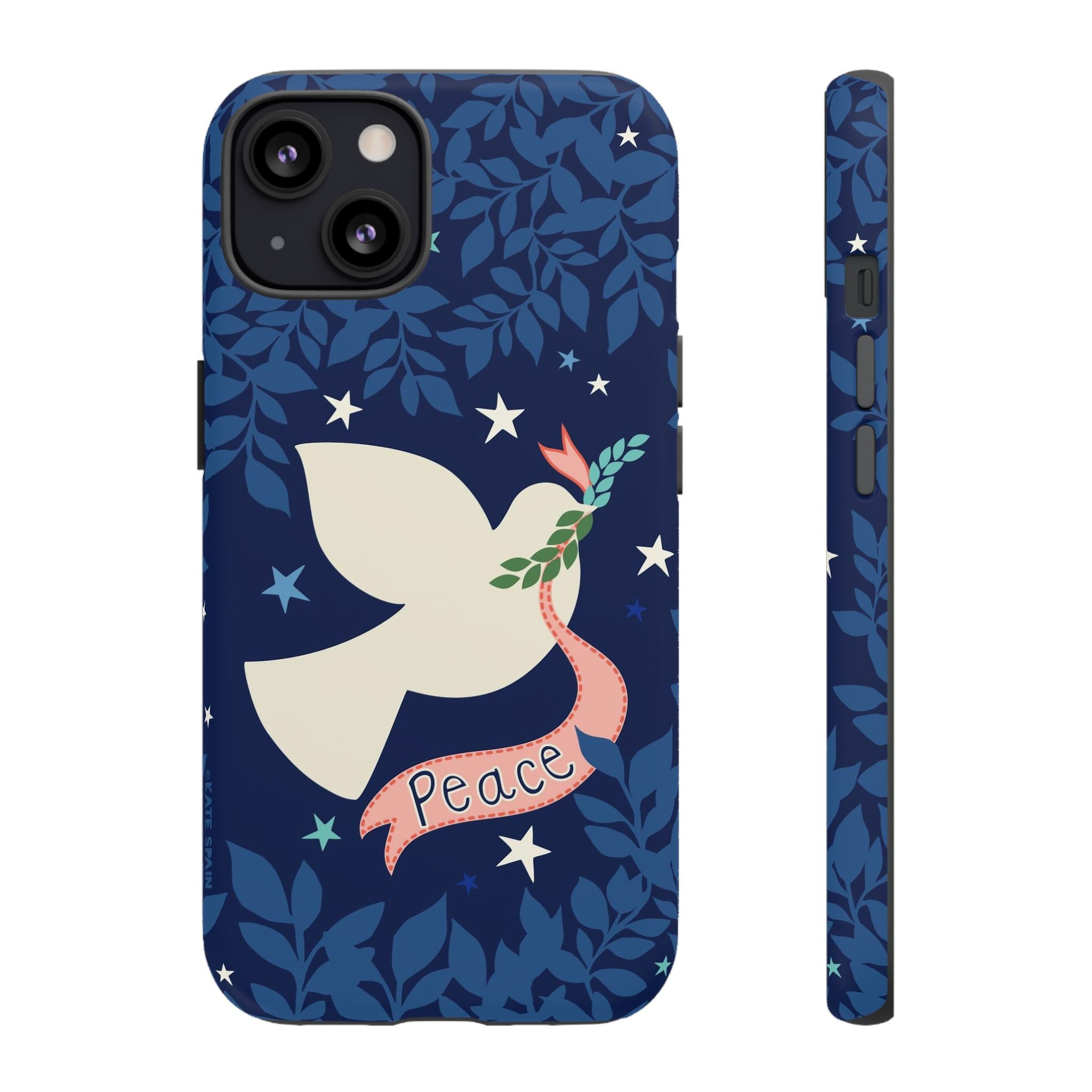 Peace Tough iPhone 13 Case – Glossy | navy, cream peace dove, stars, botanical print