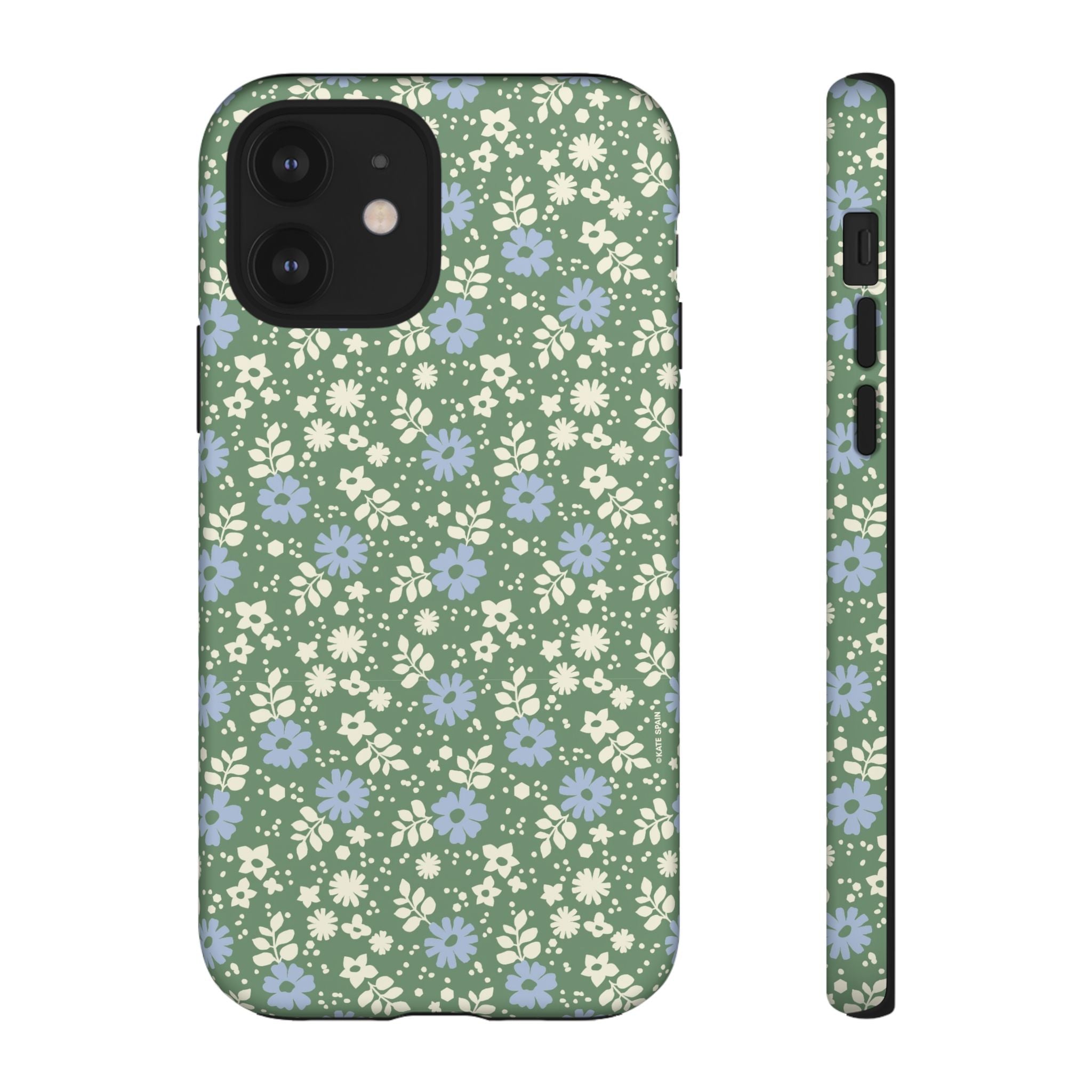 Petaline Tough iPhone 12 Case – Matte | green, blue, cream ditsy floral print