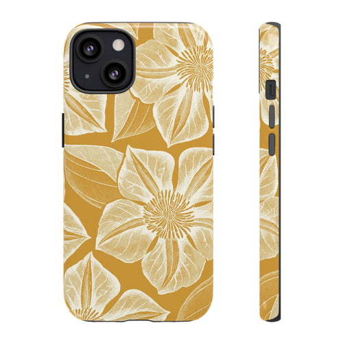 Vintage Bloom Gold iPhone 13 case – Glossy | gold ground, large-scale cream clematis print, engraved petal detail, dual-layer protection