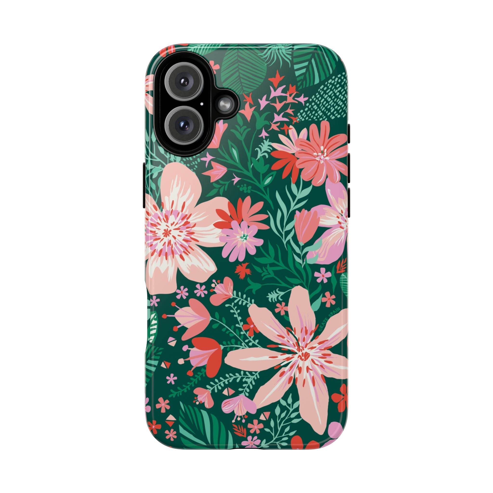 Bonaire Tough iPhone 16 Case – Glossy | jade, pink, white tropical floral botanical print