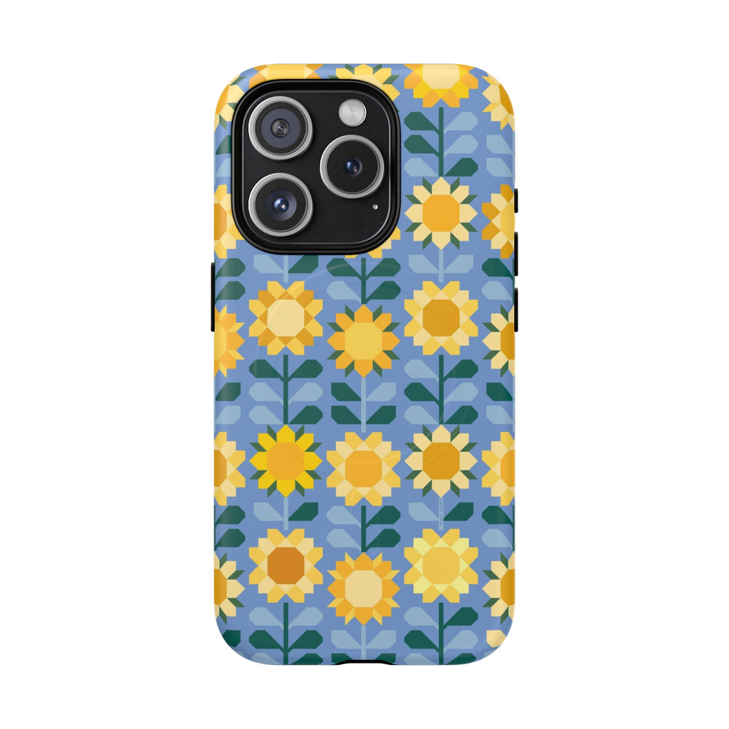 Sunflowers MagSafe iPhone 15 Pro Case – Matte | blue, yellow, gold geometric sunflower print