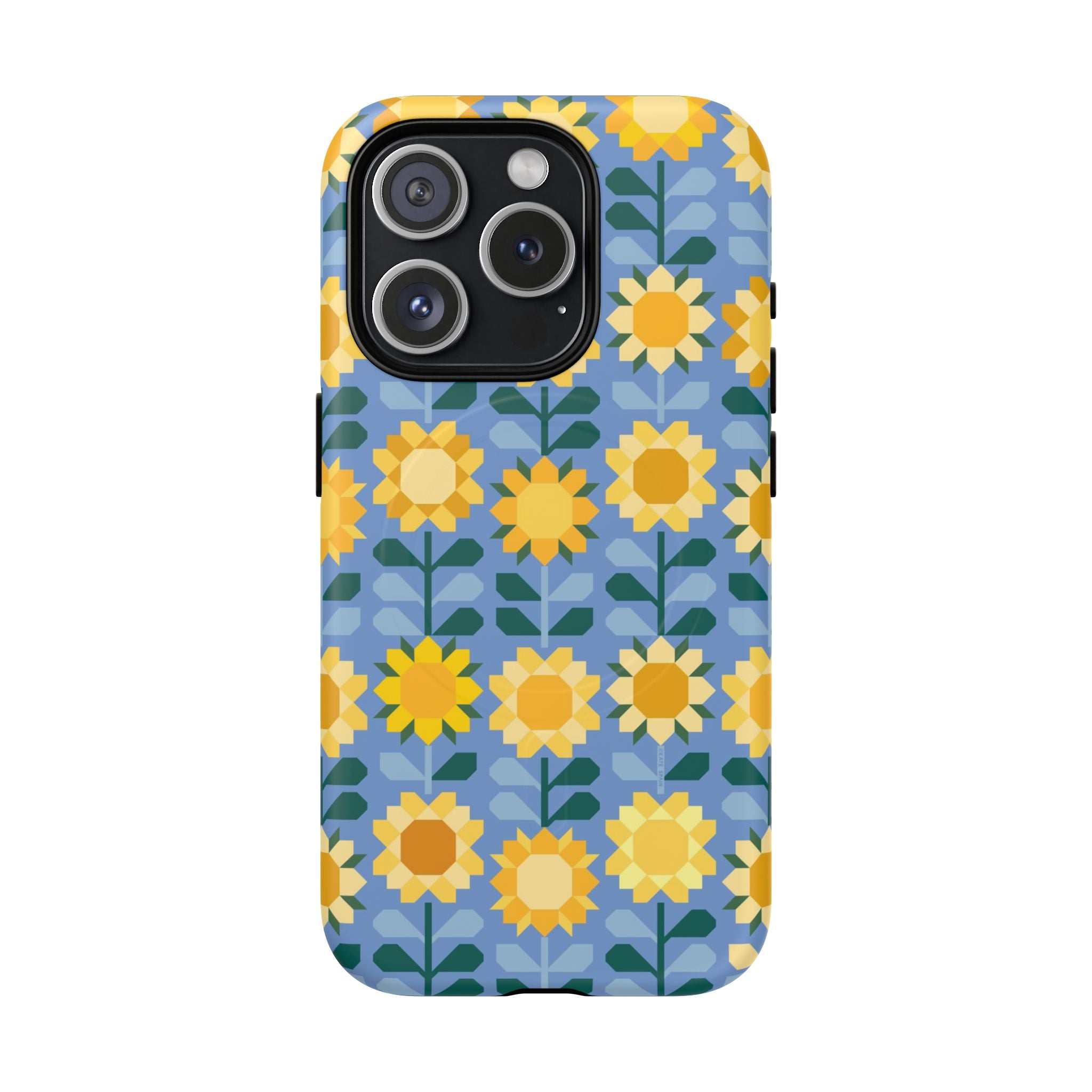 Sunflowers MagSafe iPhone 15 Pro Case – Matte | blue, yellow, gold geometric sunflower print