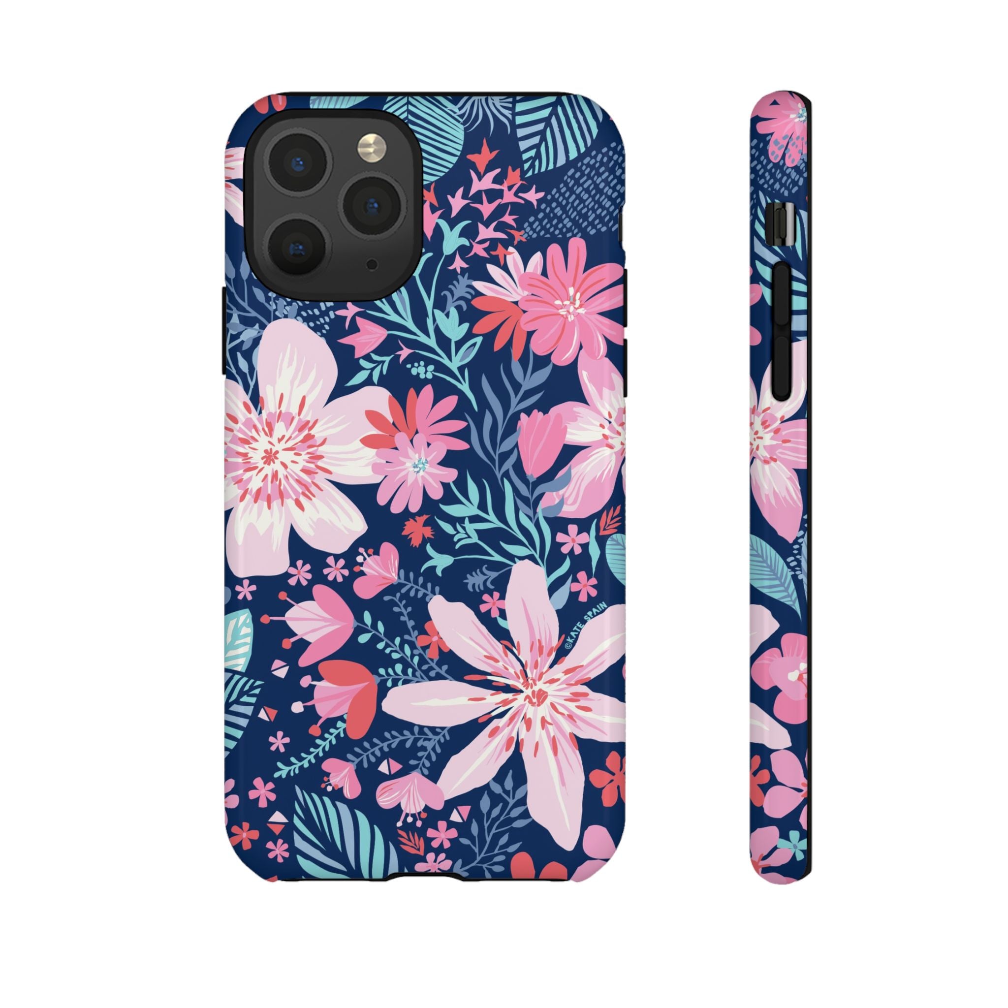 Bonaire Tough iPhone 11 Pro Case – Glossy | navy, pink, white tropical floral botanical print
