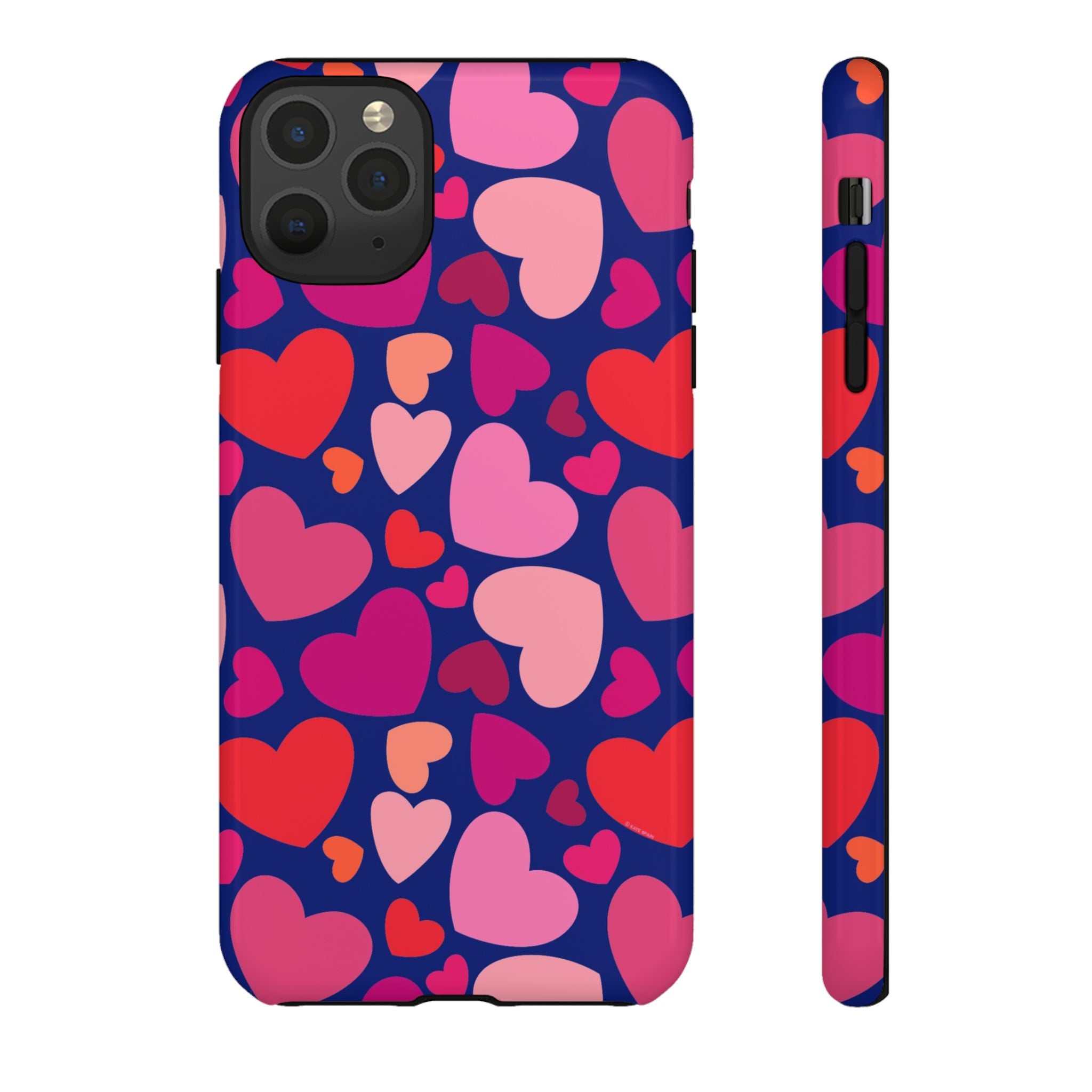Hearts Tough iPhone 11 Pro Max Case – Glossy | navy, pink, red, coral scattered heart print