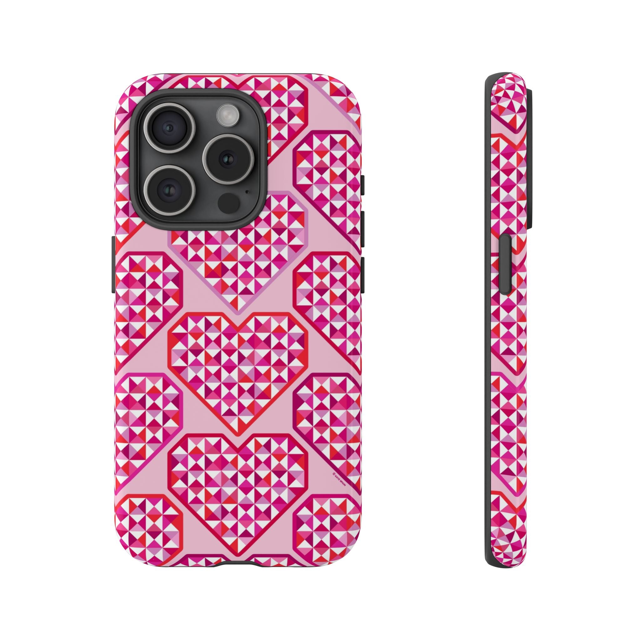 Pink Pyramid Heart Tough iPhone 15 Pro Case – Glossy | blush, pink, magenta, red geometric pyramid heart print