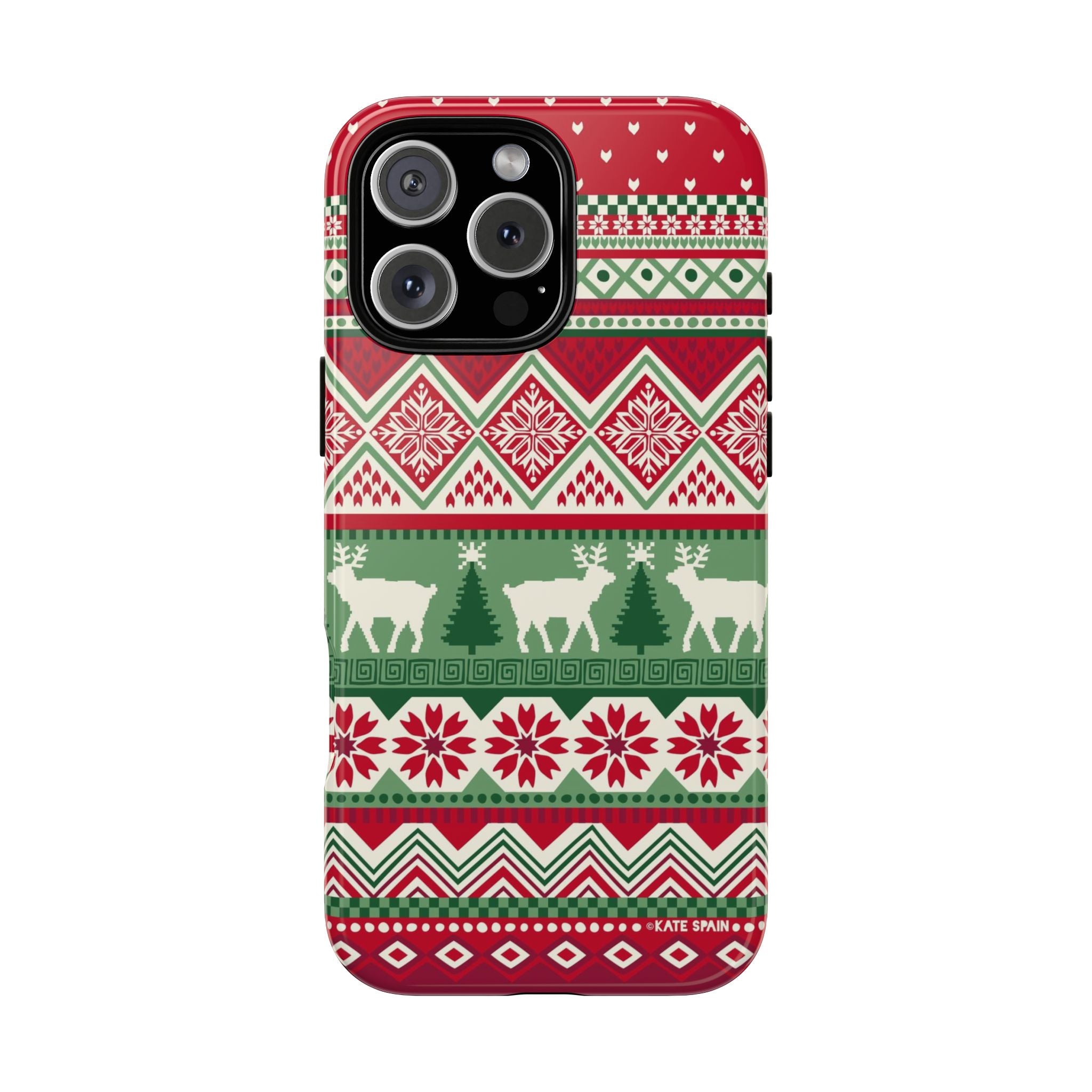 Telemark Tough iPhone 16 Pro Case – Matte | red, green, cream fair isle reindeer Nordic print