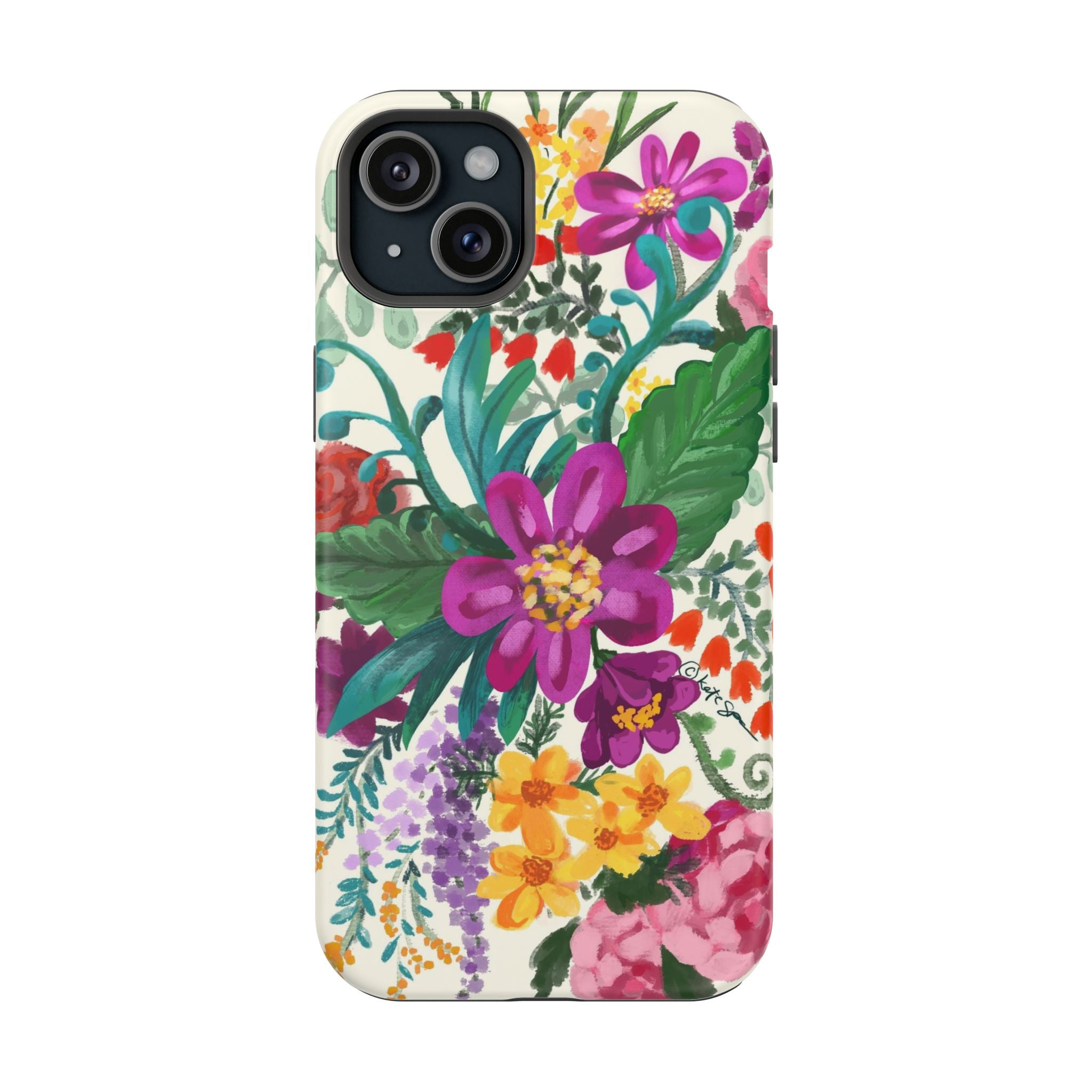 Posy MagSafe iPhone 15 Plus Case – Matte | white, magenta, yellow, purple vibrant botanical floral print