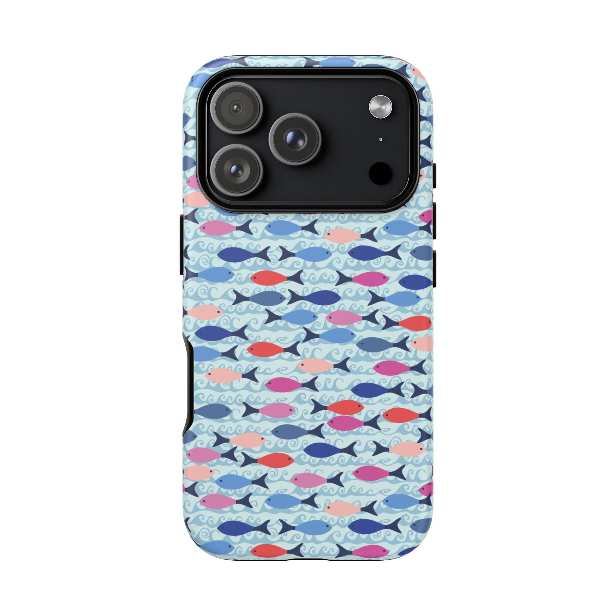 Summer Minnows Tough iPhone 17 Pro Case – Matte | navy, coral, pink, and periwinkle fish on a pale aqua ground