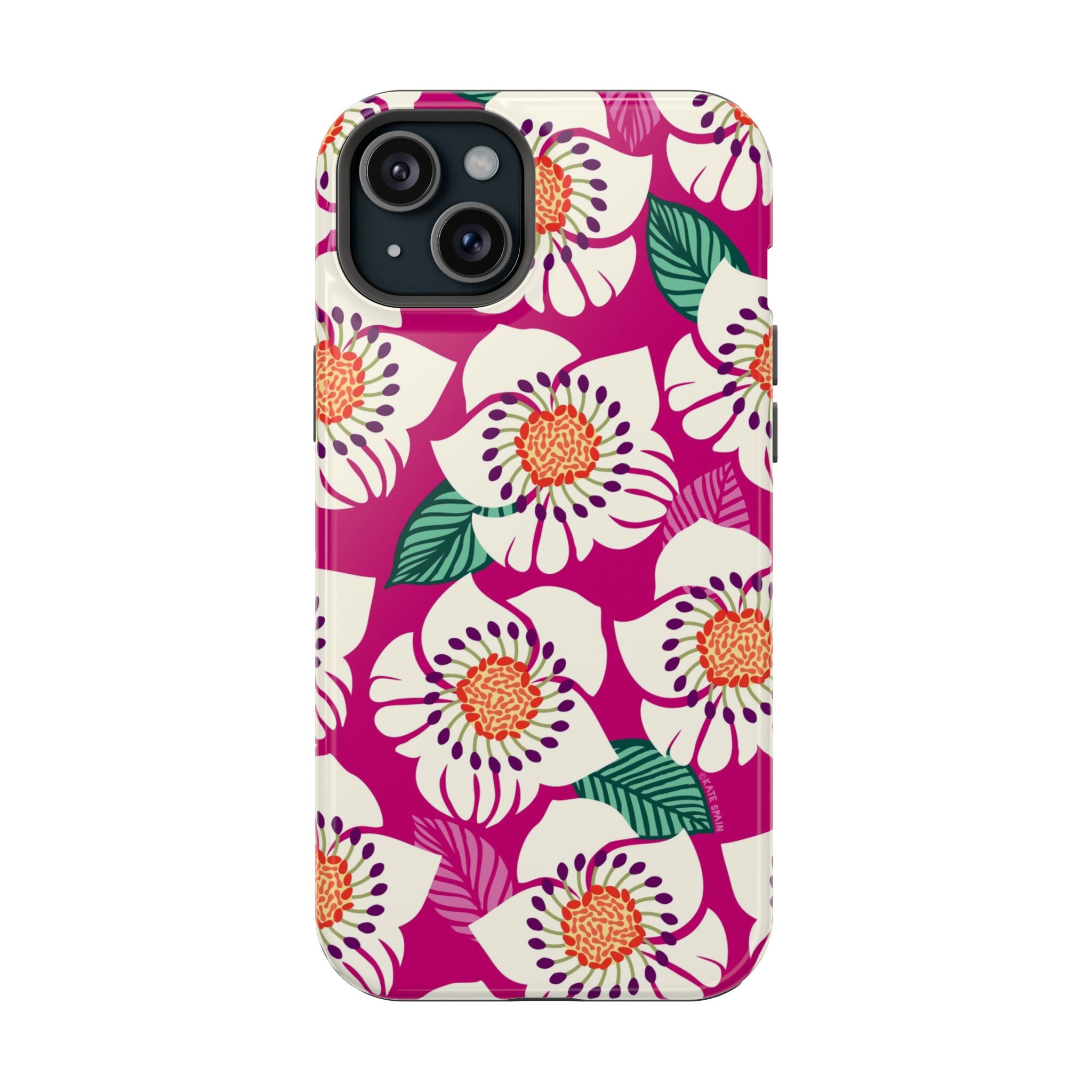Panache Rose MagSafe iPhone 15 Plus Case – Glossy | berry, cream white, peach anemone floral print