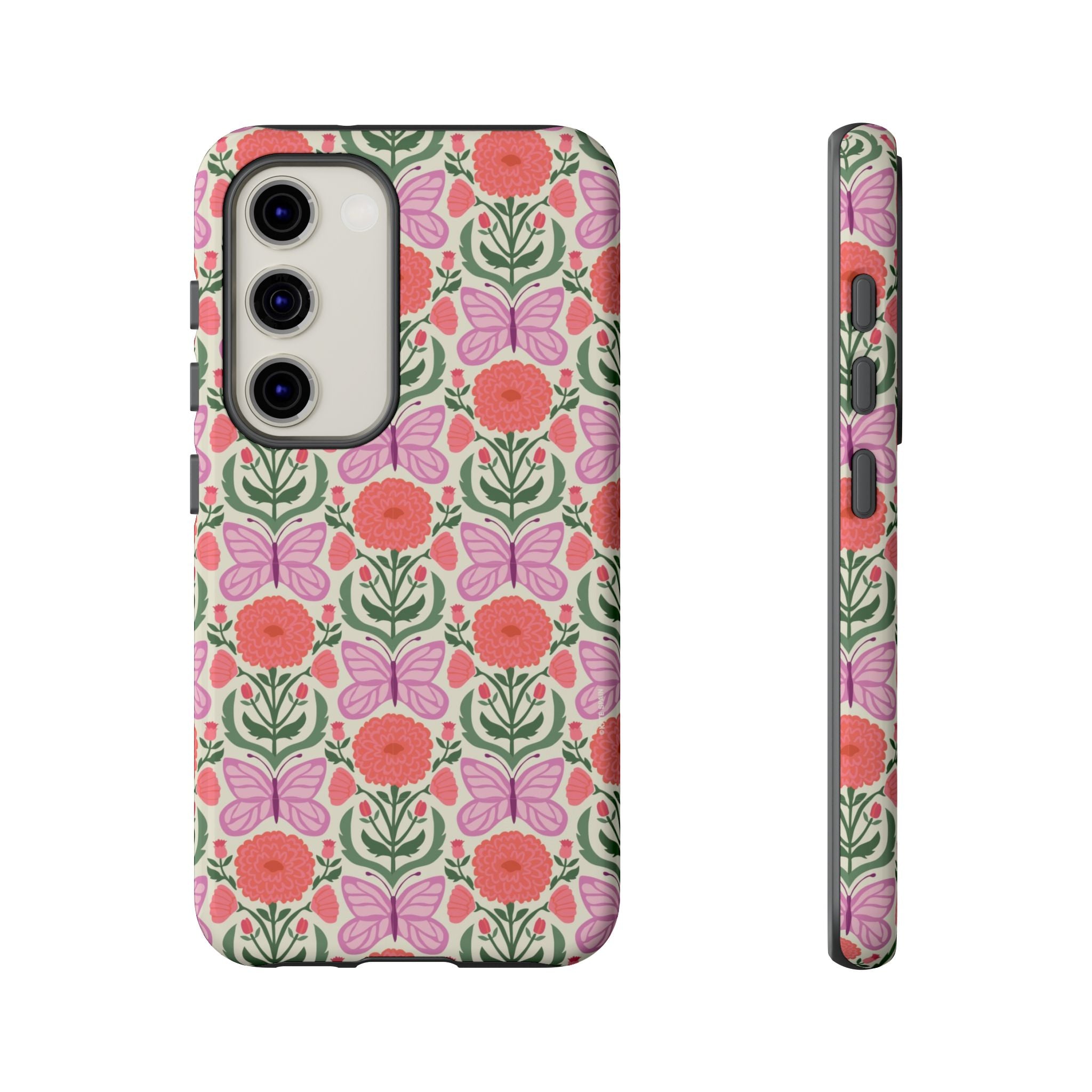 Luxury Pink Butterfly Samsung Galaxy S23 Case – Glossy | cream, coral, lavender butterfly floral print
