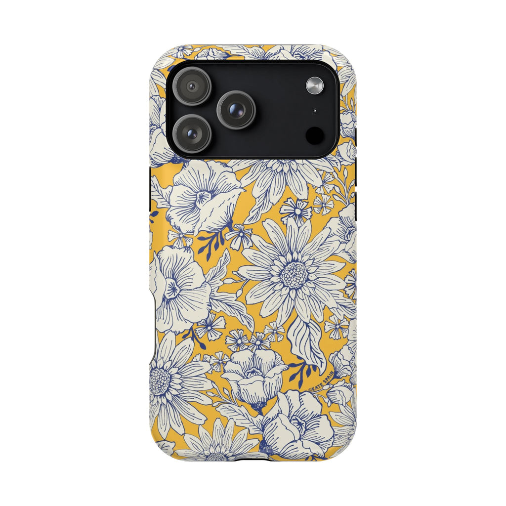 Jardin Luxury MagSafe iPhone 17 Pro Max Case – Glossy | yellow, cream, blue botanical floral print