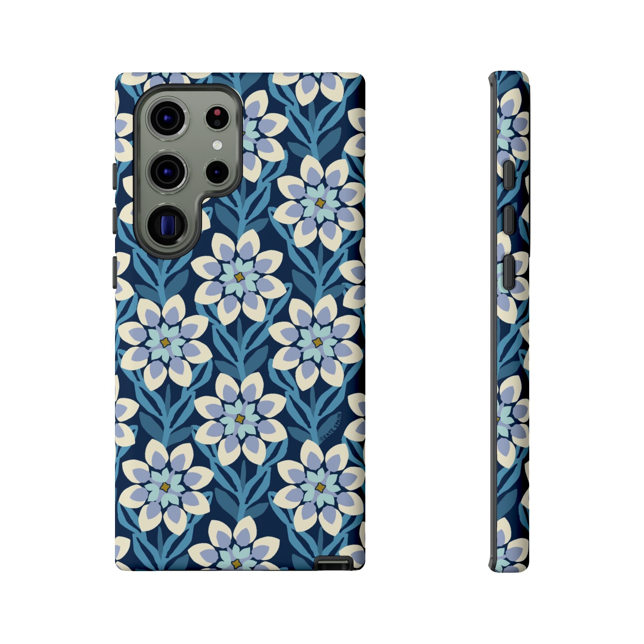 Luxury Modern Dahlia Samsung Galaxy S23 Ultra Case – Glossy | navy, white, periwinkle modern dahlia print