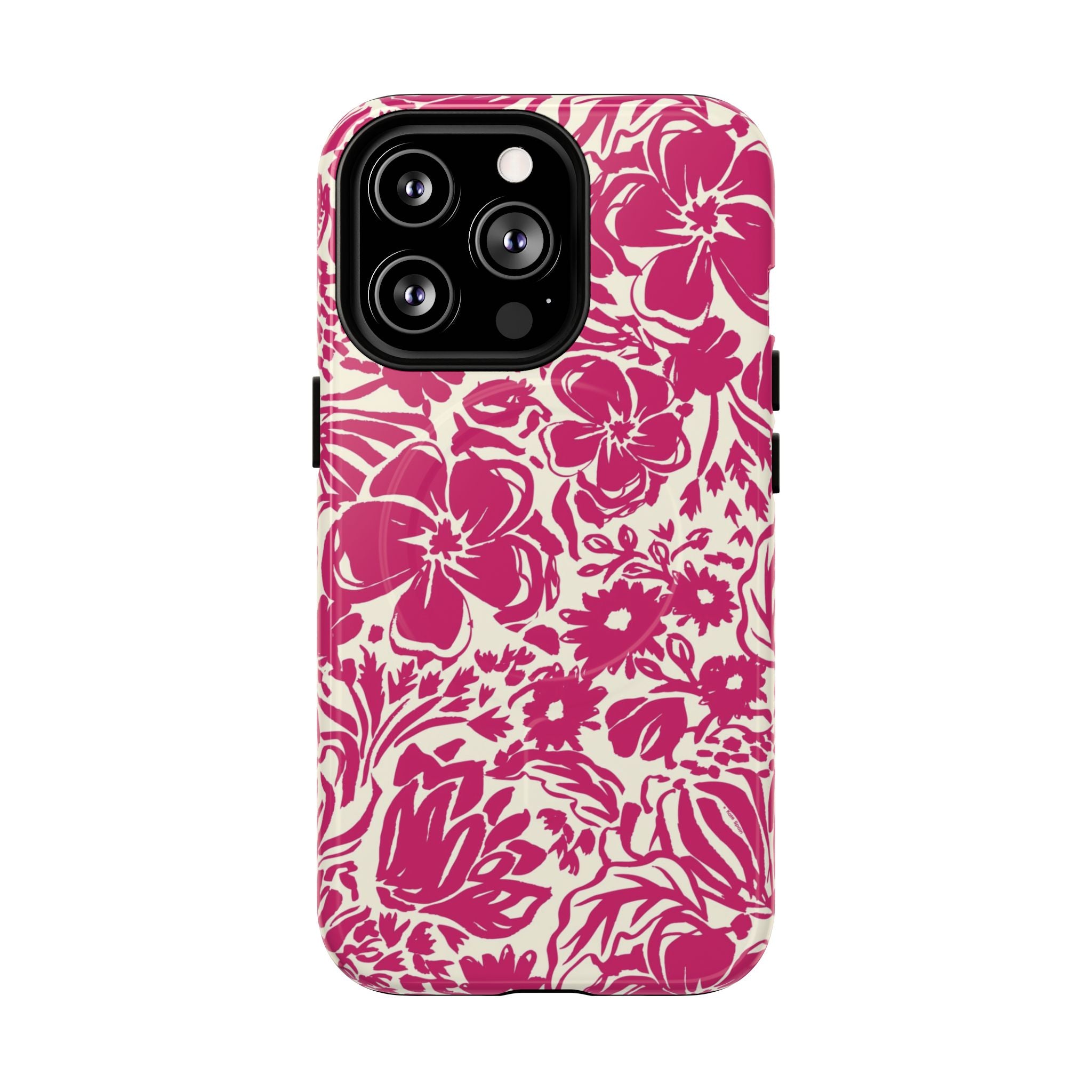 Rhapsody Bright Pink MagSafe iPhone 13 Pro Glossy case — bold magenta floral print on cream by Kate Spain