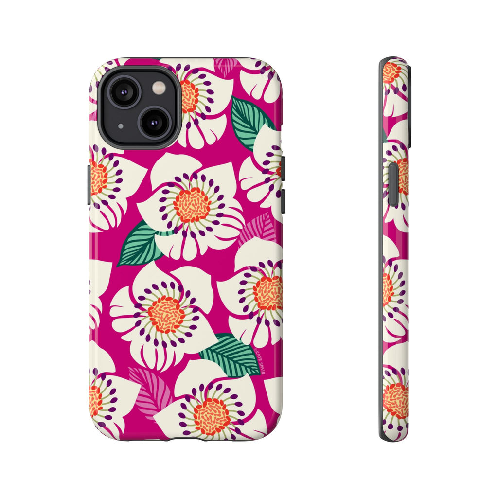 Panache Rose Tough iPhone 14 Plus Case – Glossy | berry, cream white, peach anemone floral print