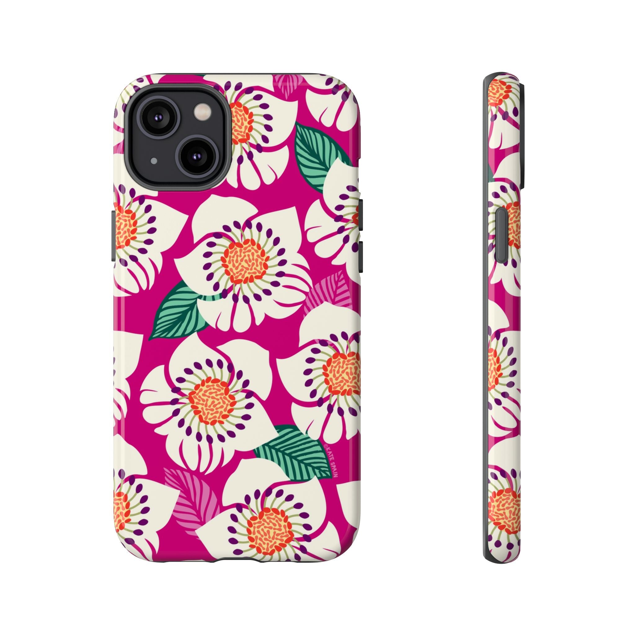 Panache Rose Tough iPhone 14 Plus Case – Glossy | berry, cream white, peach anemone floral print