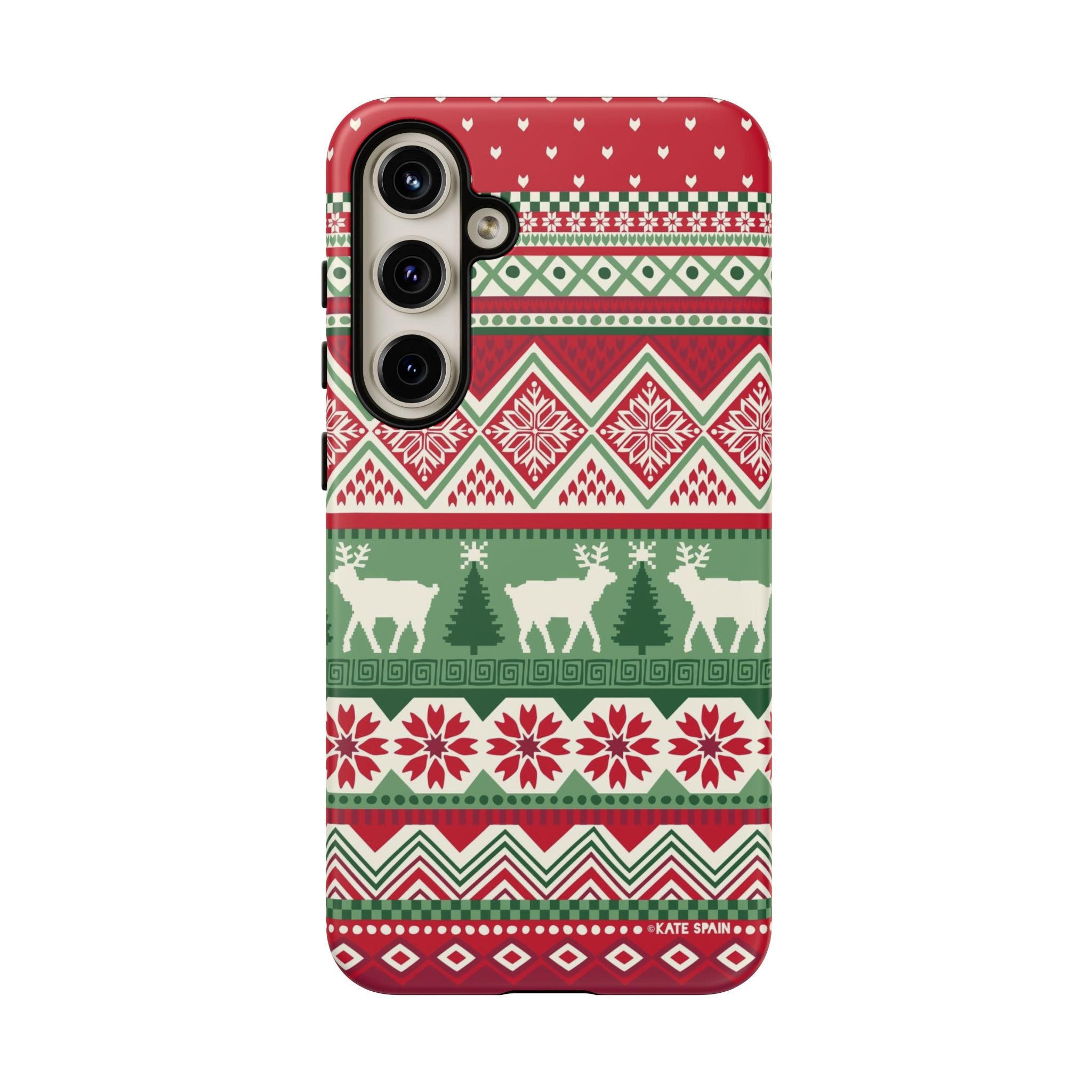 Luxury Telemark Samsung Galaxy S24 Plus Case – Matte | red, green, cream Nordic fair isle reindeer print