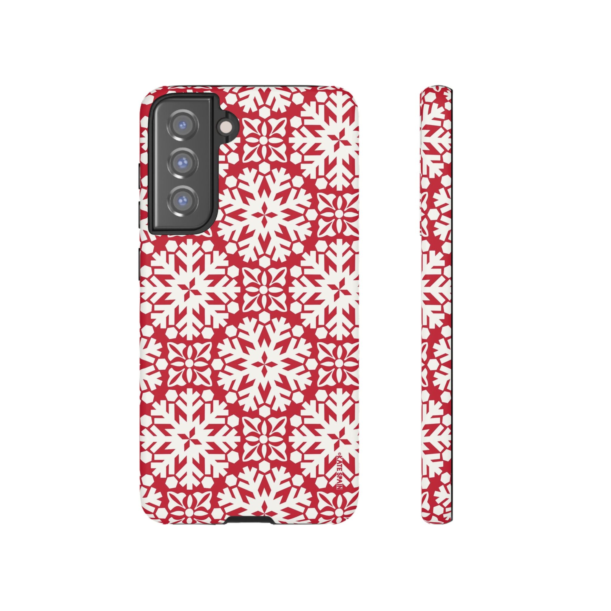 Flurry Samsung Galaxy S21 FE Case – Matte | white, red geometric snowflake tile print