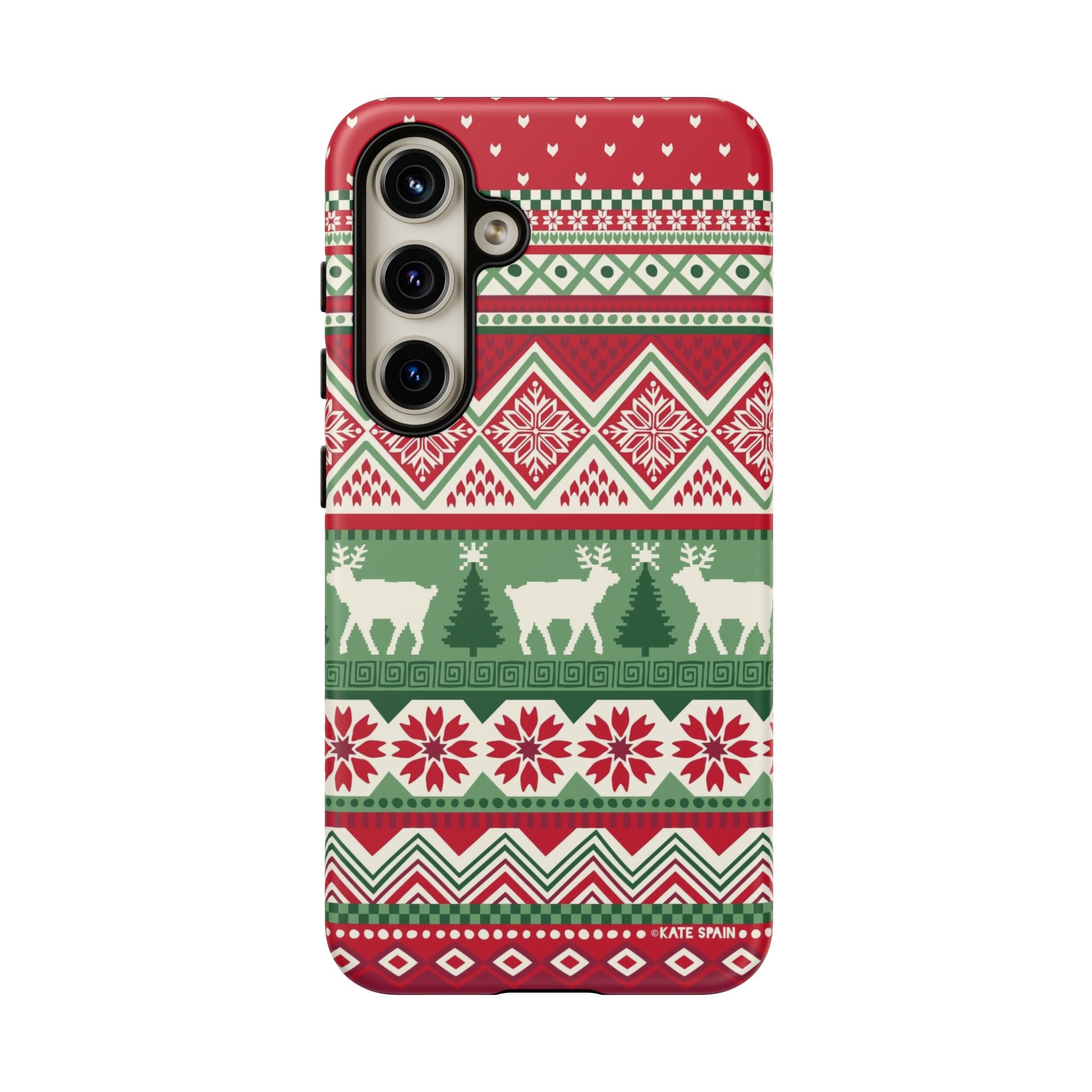 Luxury Telemark Samsung Galaxy S24 Case – Matte | red, green, cream Nordic fair isle reindeer print