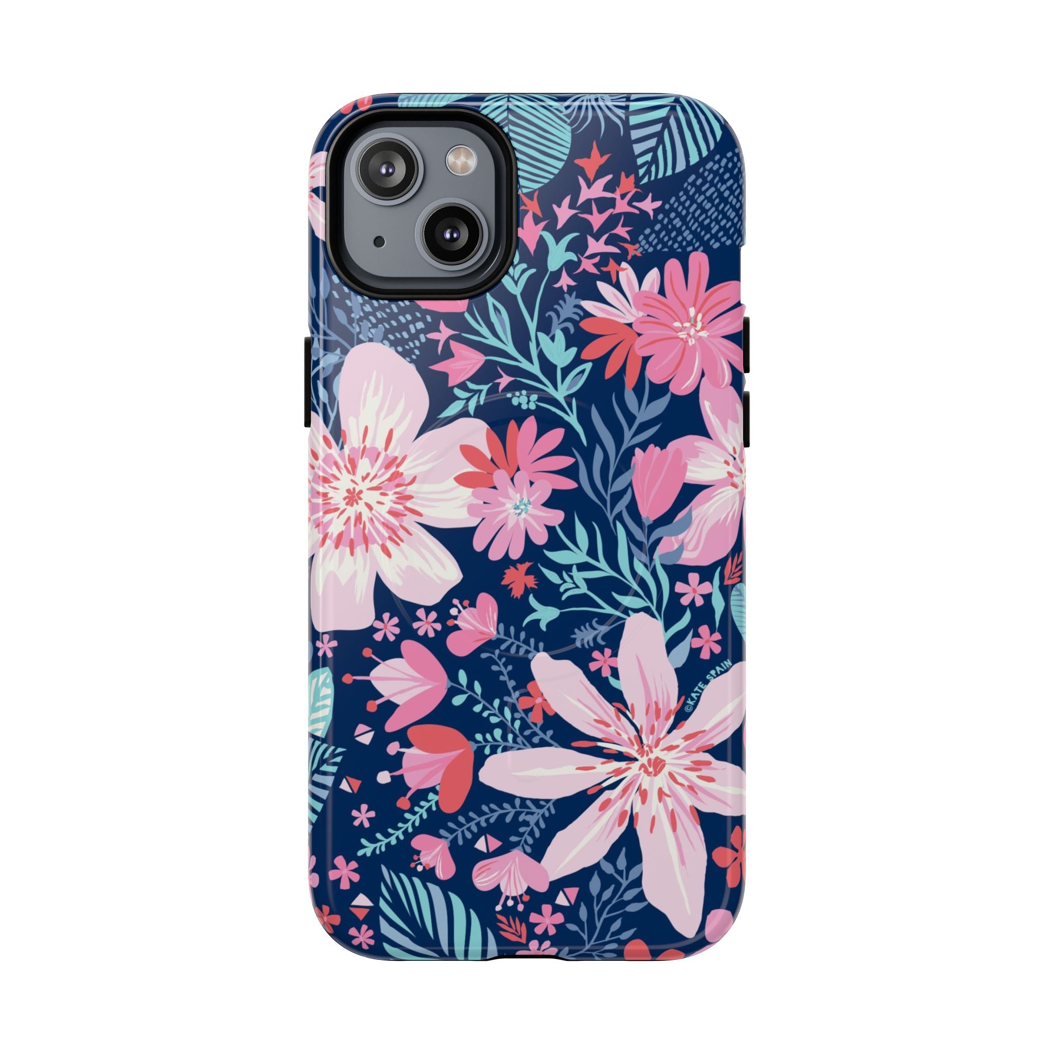 Bonaire MagSafe iPhone 14 Plus Case – Glossy | navy, pink, white tropical floral botanical print