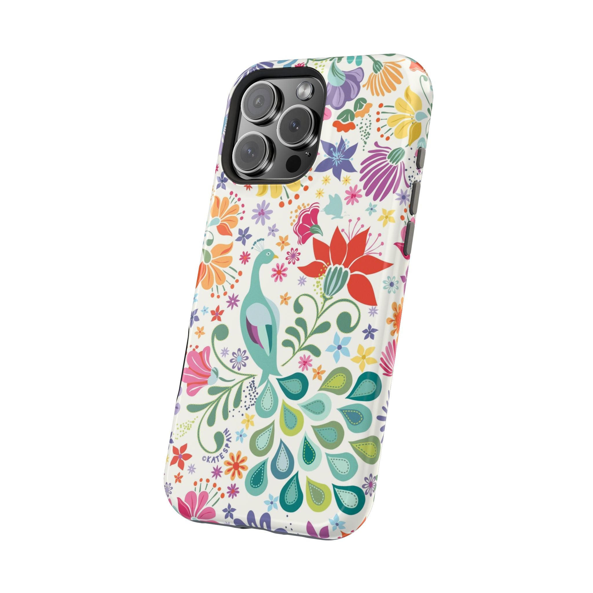 Peacock Sanctuary MagSafe iPhone 16 Pro Max Case – Glossy angled view | ivory, teal, navy peacock botanical print MagSafe compatible, dual-layer protection