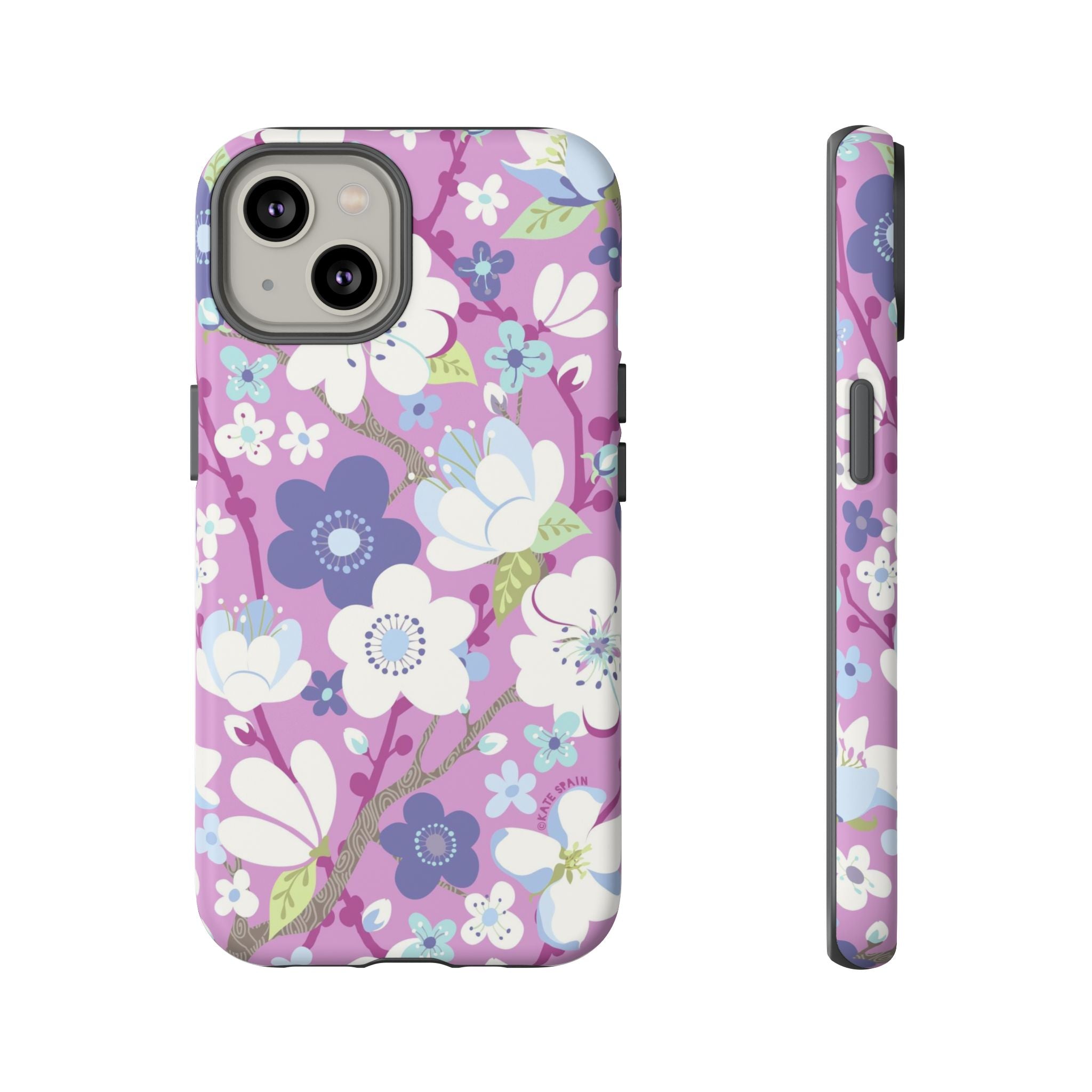 Luxury Cherry Blossom Tough iPhone 14 Case – Matte | mauve, purple, blue, white cherry blossom print
