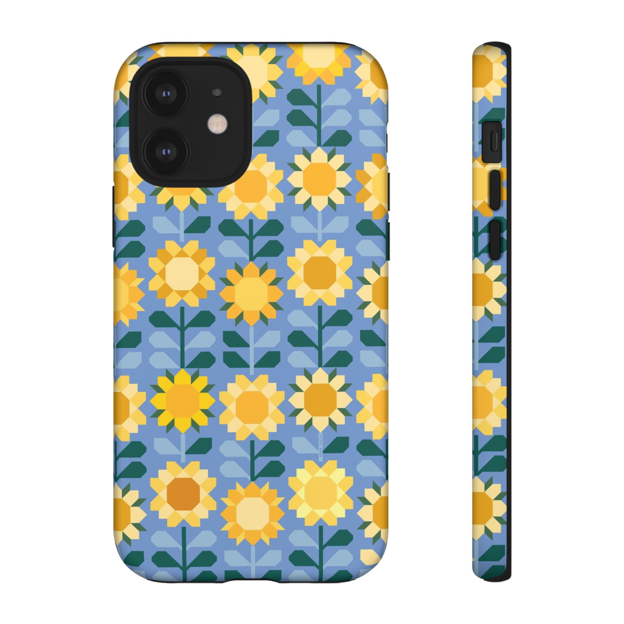 Sunflowers Tough iPhone 12 Case – Matte | blue, yellow, gold geometric sunflower print