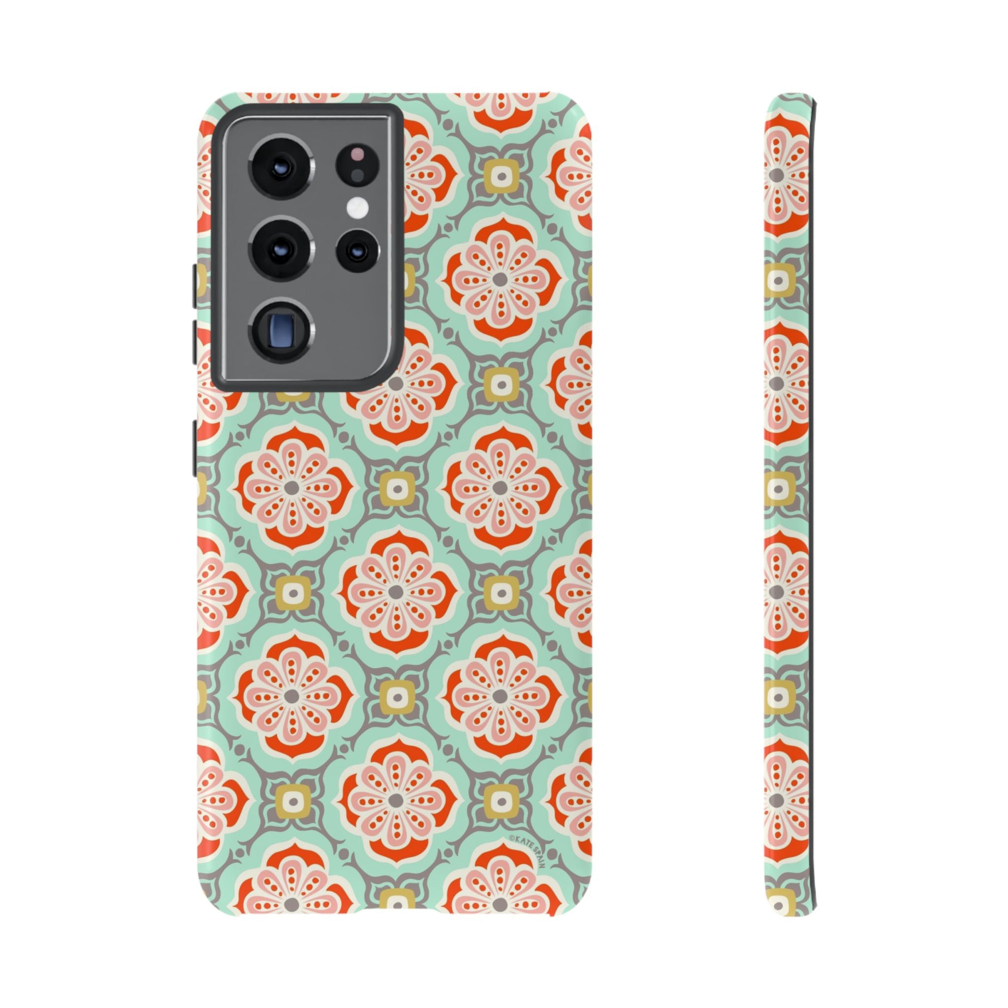 Luxury Alhambra Samsung Galaxy S21 Ultra Case – Glossy | light turquoise, coral, cream geometric medallion tile print