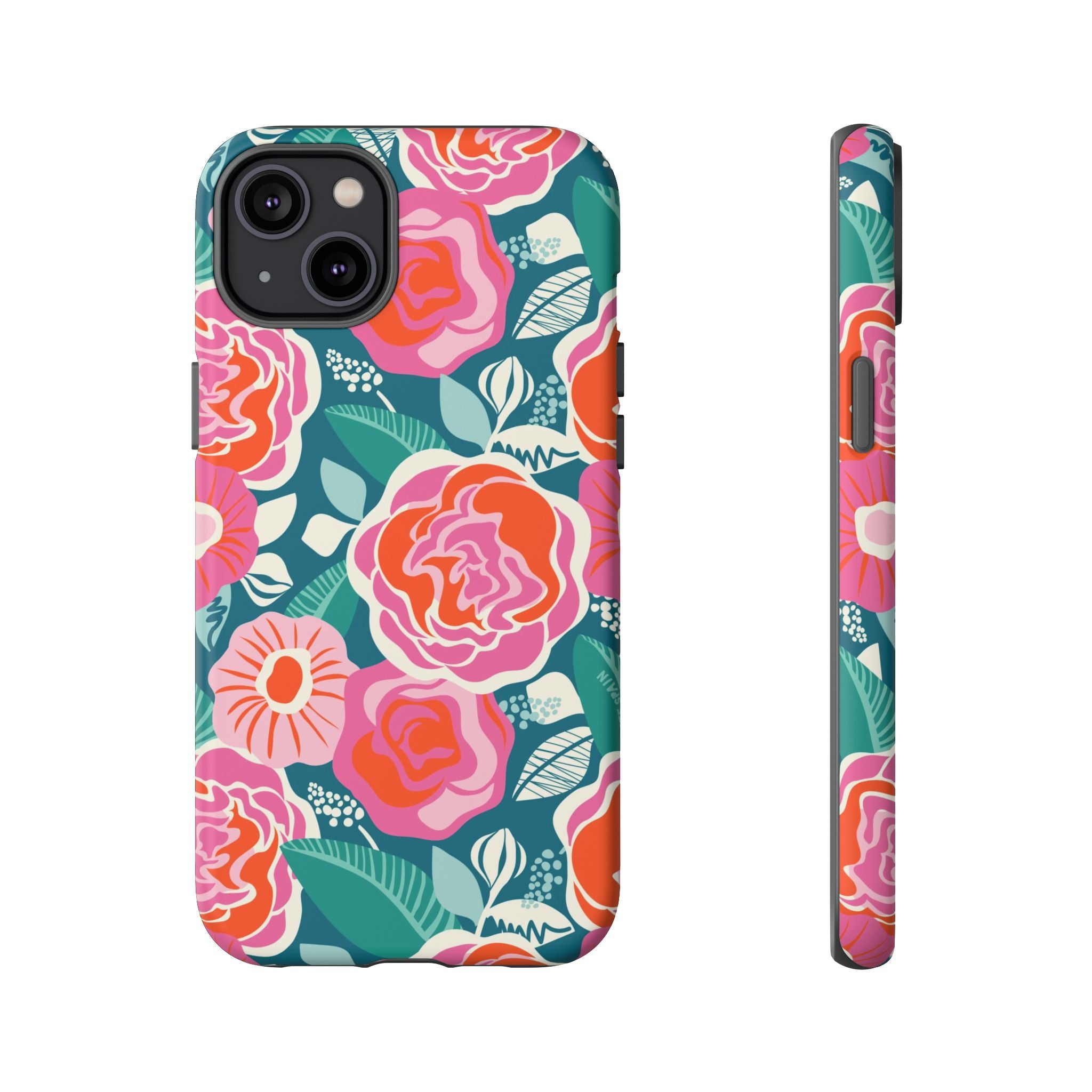 Tea Rose Teal Tough iPhone 14 Plus Case – Matte | teal, coral, pink botanical rose floral print