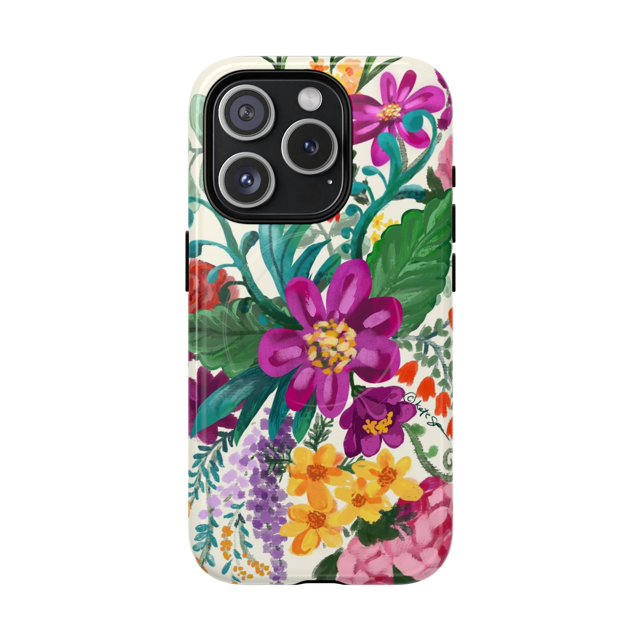 Posy MagSafe iPhone 15 Pro Case – Glossy | cream, magenta, coral botanical floral print
