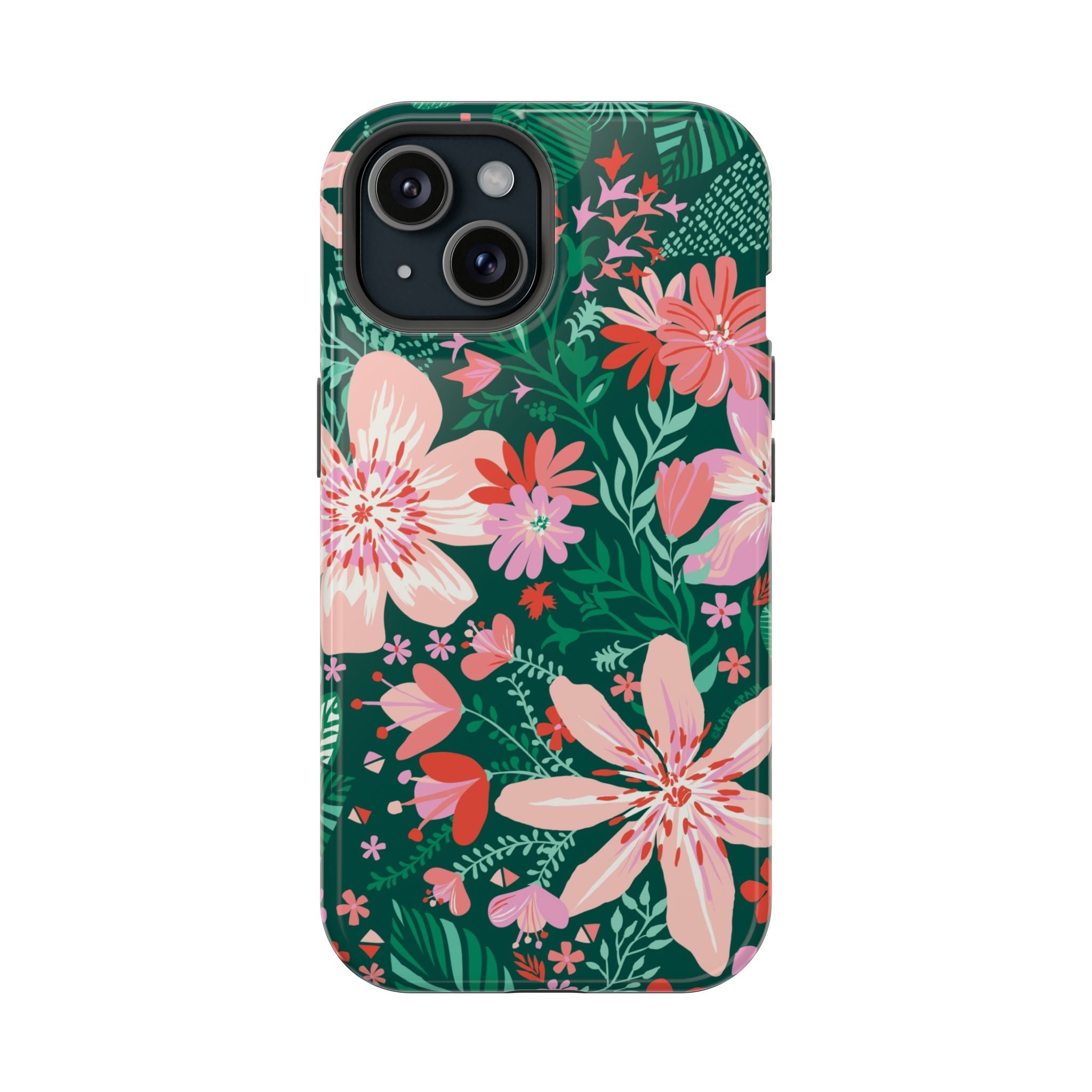 Bonaire MagSafe iPhone 15 Case – Glossy | forest green, blush, coral tropical floral print