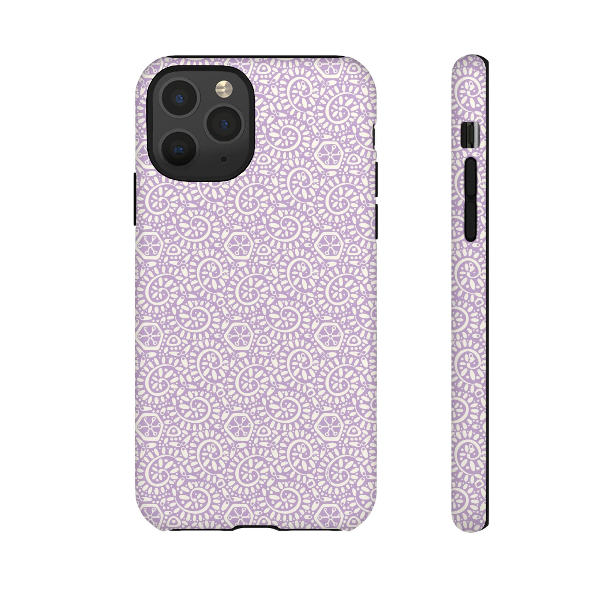 Canto Swirls Lavender iPhone 11 Pro Matte Case — lavender hard case covered in an intricate folk-art medallion pattern of radiating circular motifs, dot clusters, and geometric centers