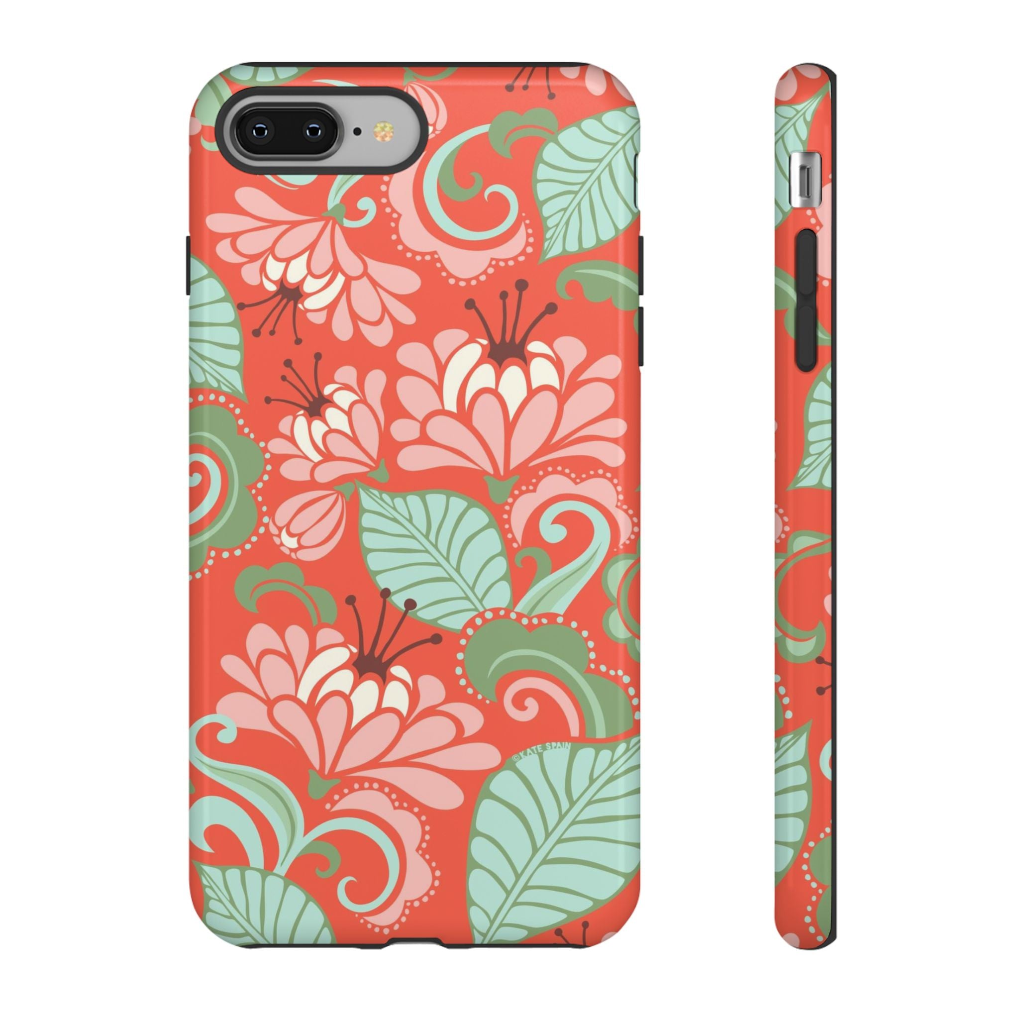 Sarabande Tough iPhone 8 Plus Case – Glossy | coral, pink, cream, green botanical floral print