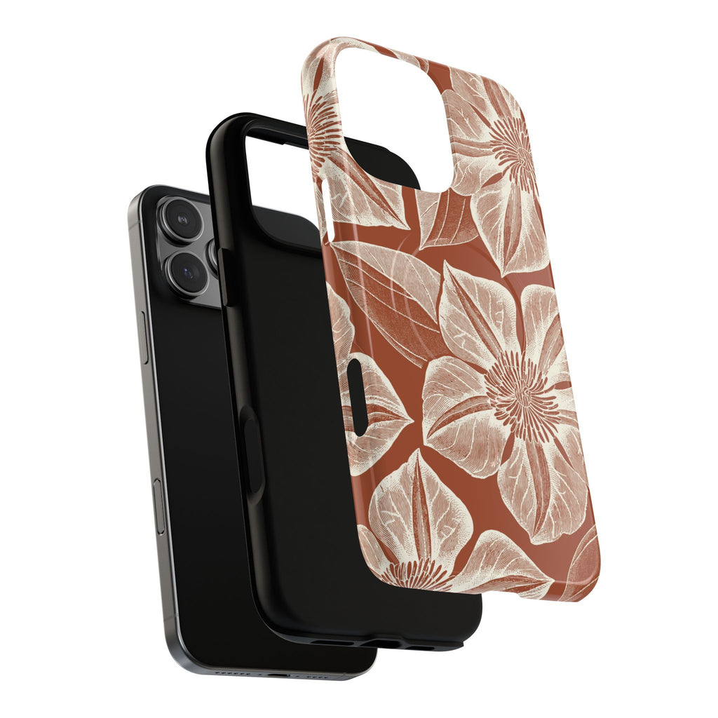 Vintage Bloom Sienna MagSafe iPhone 17 – Glossy | sienna ground, large-scale cream clematis print, dual-layer case and inner lining detail with camera cutout view