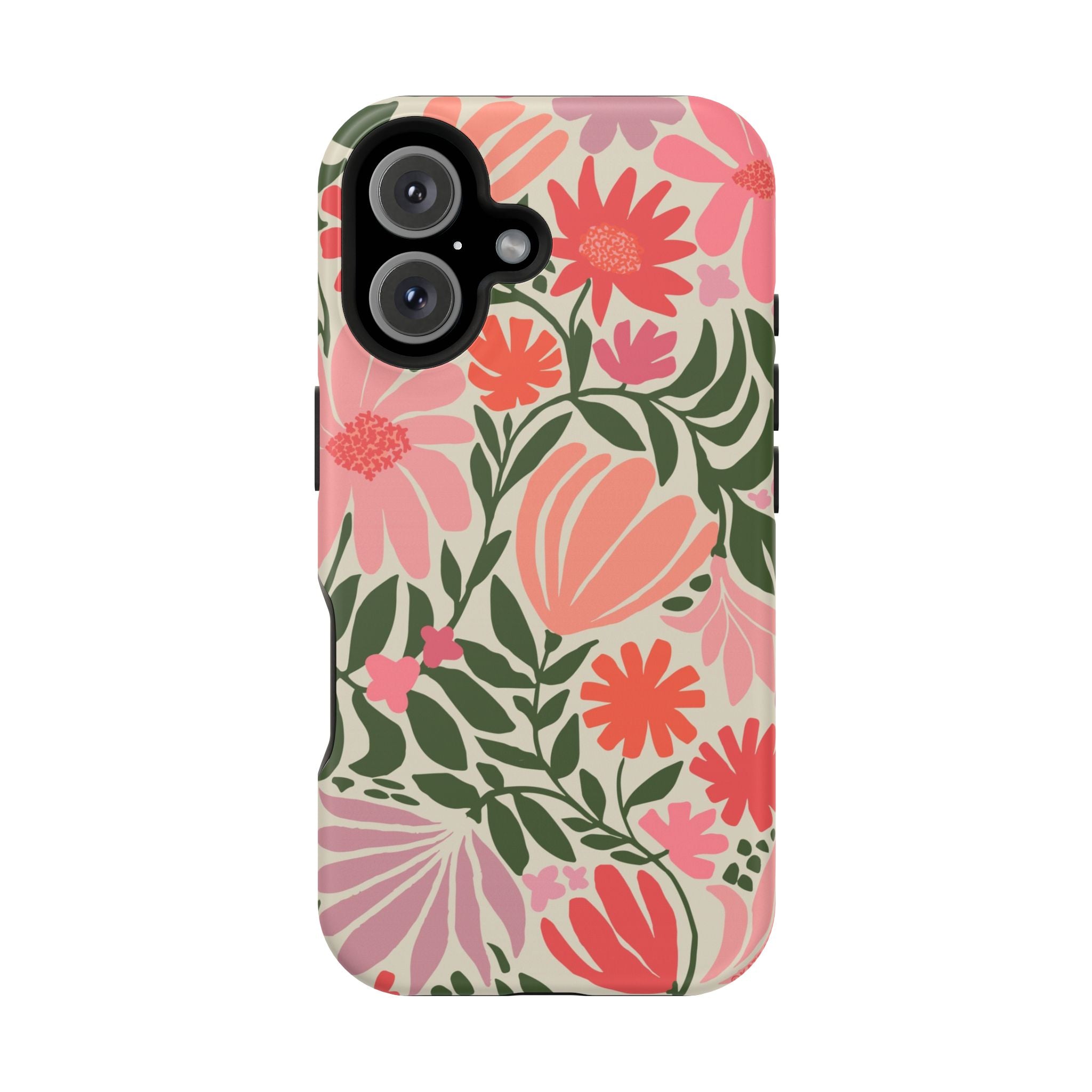 Botanica MagSafe iPhone 16 Case – Matte | coral, pink, sage green botanical wildflower print