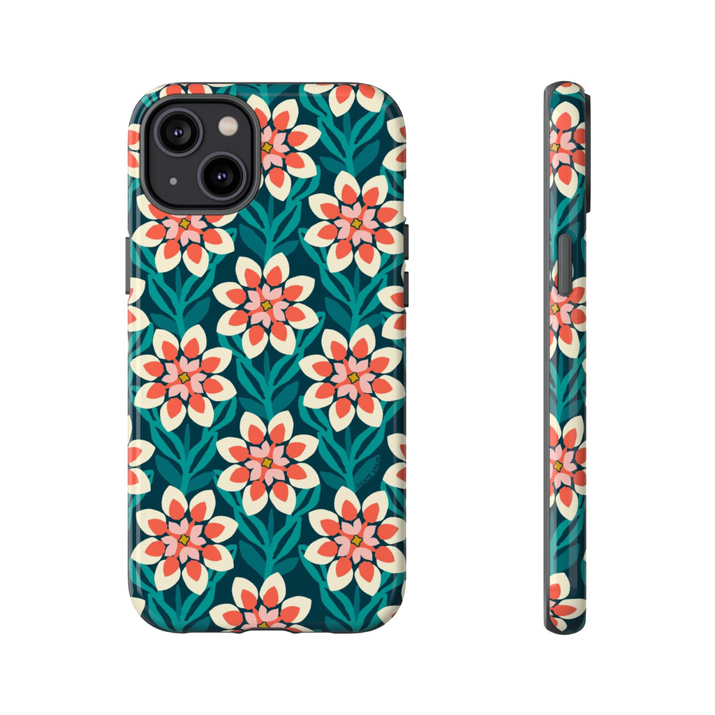 Modern Dahlia Tough iPhone 14 Plus Case – Glossy | teal, coral, cream geometric dahlia floral print