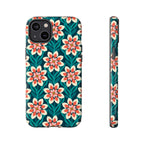Modern Dahlia Tough iPhone 14 Plus Case – Glossy | teal, coral, cream geometric dahlia floral print