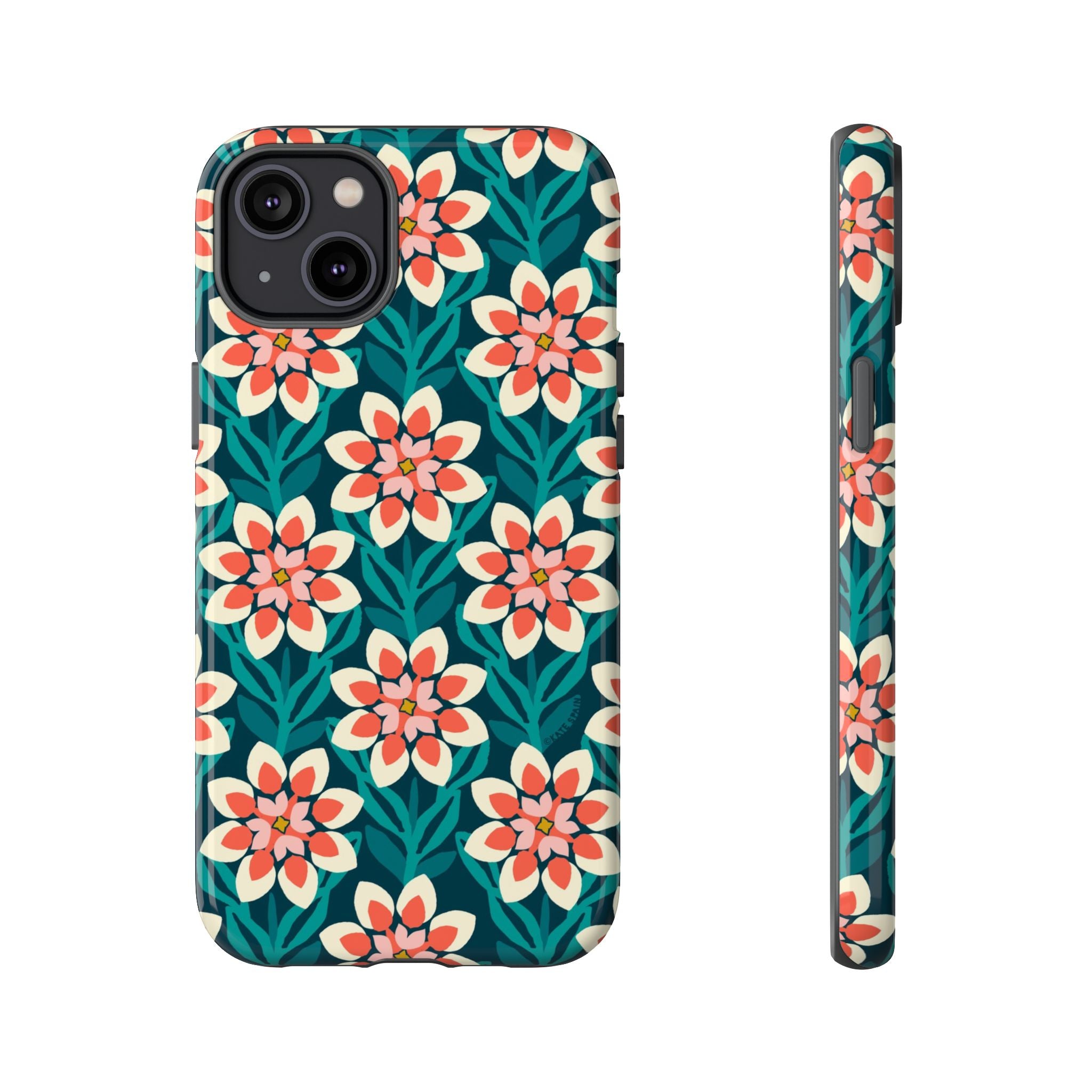 Modern Dahlia Tough iPhone 14 Plus Case – Glossy | teal, coral, cream geometric dahlia floral print