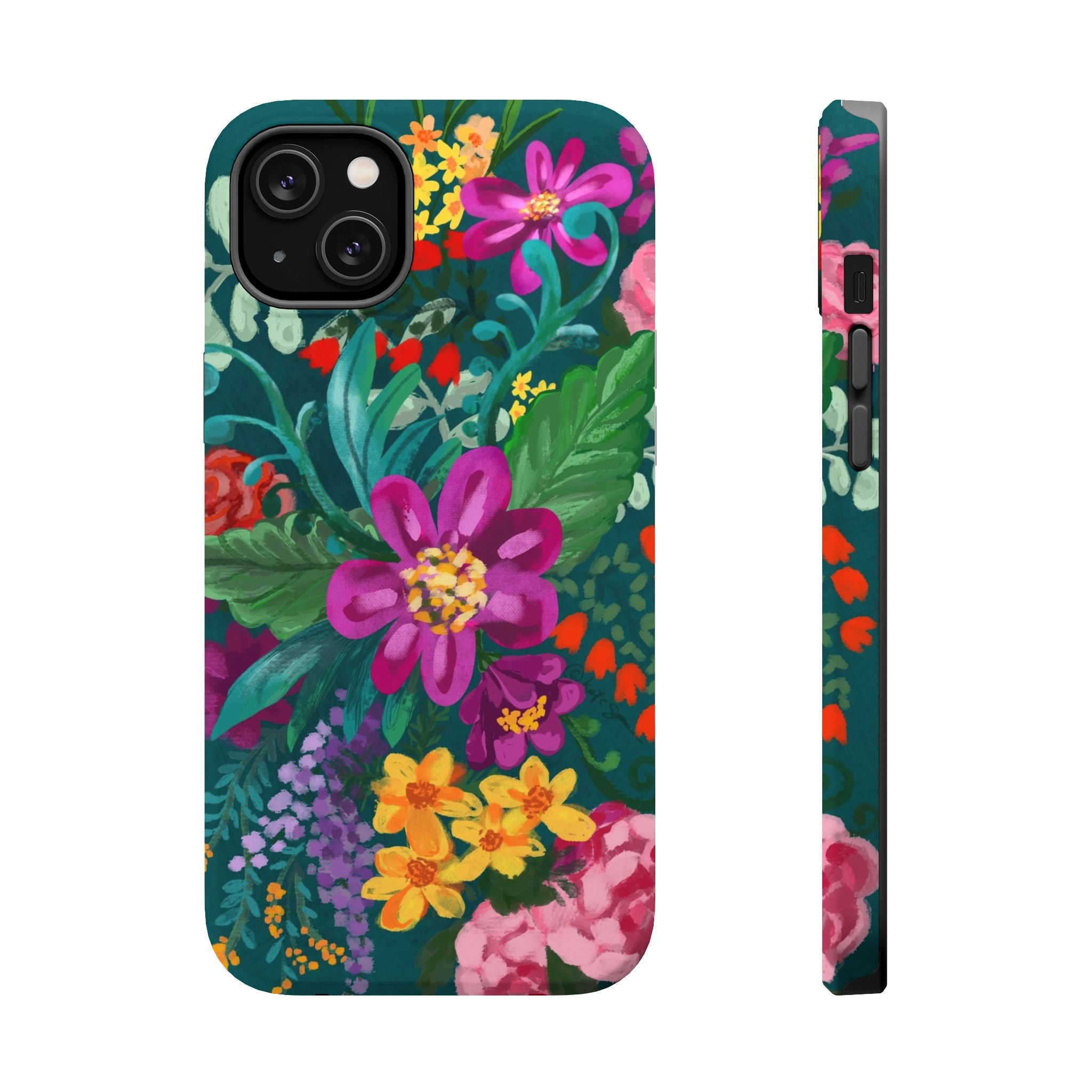 Posy MagSafe iPhone 14 Plus Case – Matte | teal, magenta, yellow, pink vibrant botanical floral print