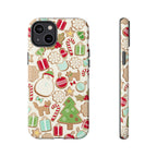 Gingerbread Cookies Tough iPhone 14 Plus Case – Glossy | cream, red, green gingerbread holiday cookie print