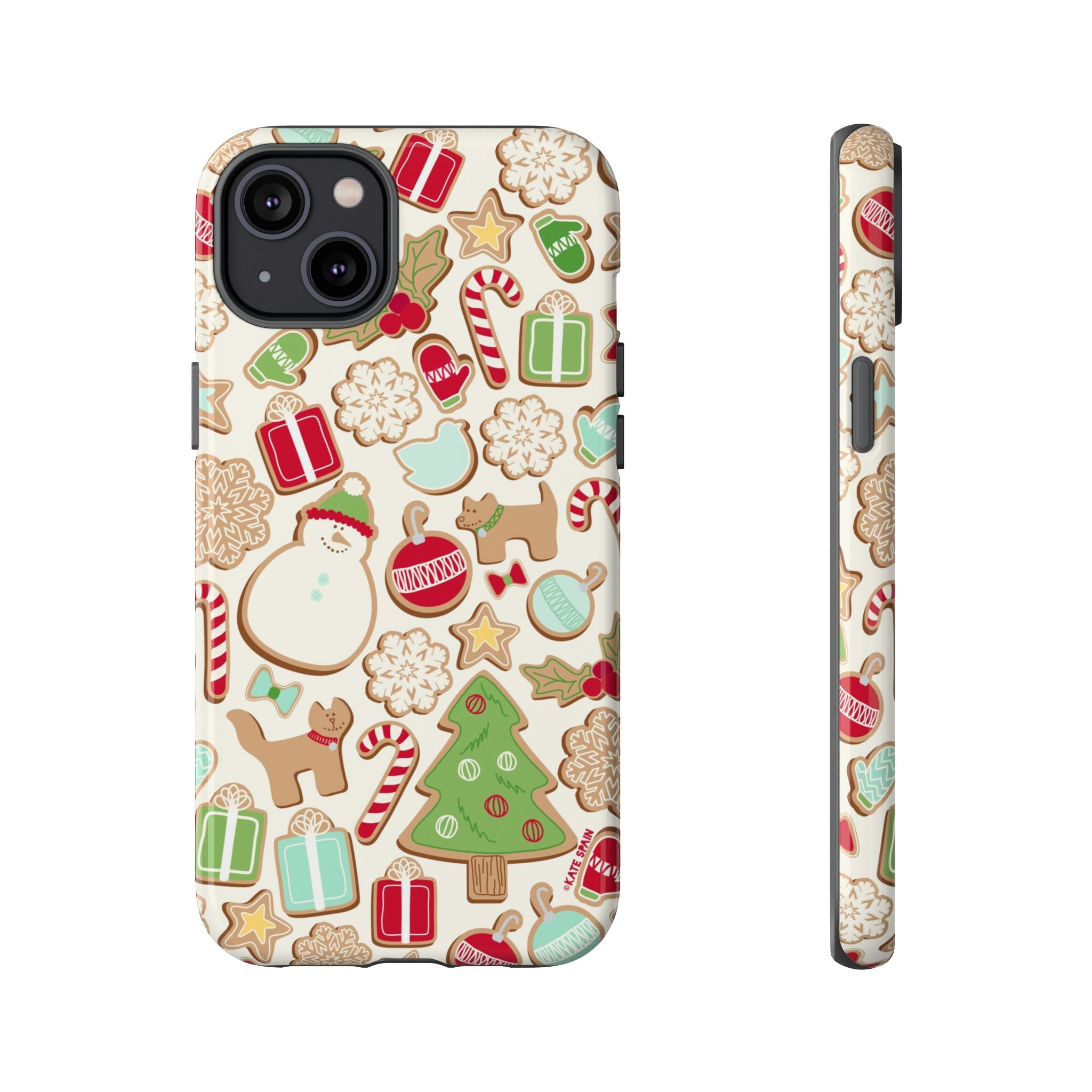 Gingerbread Cookies Tough iPhone 14 Plus Case – Glossy | cream, red, green gingerbread holiday cookie print