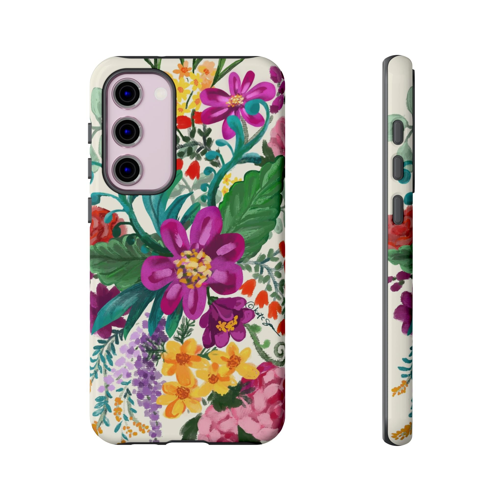 Tropical Posy Samsung Galaxy S23 Plus Case – Glossy | white, magenta, yellow, purple vibrant botanical floral print